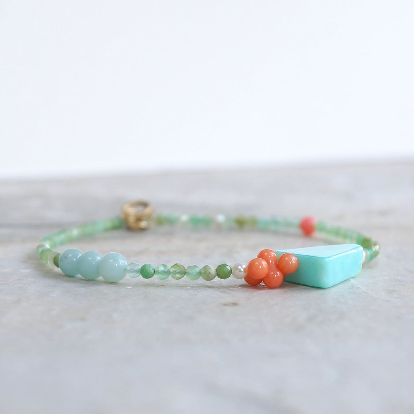 14K Solid Gold: Blue Opal Bracelet | Pastel Rainbow Gemstones | Bohemian | Pastel Green and Pink | Fine Jewelry