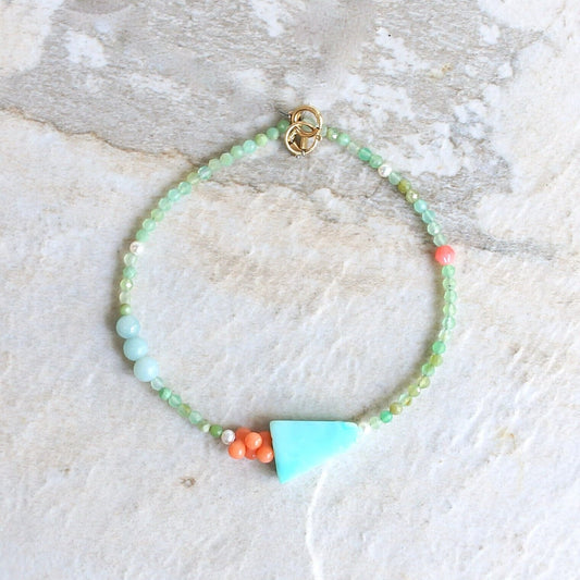 14K Solid Gold: Blue Opal Bracelet | Pastel Rainbow Gemstones | Bohemian | Pastel Green and Pink | Fine Jewelry