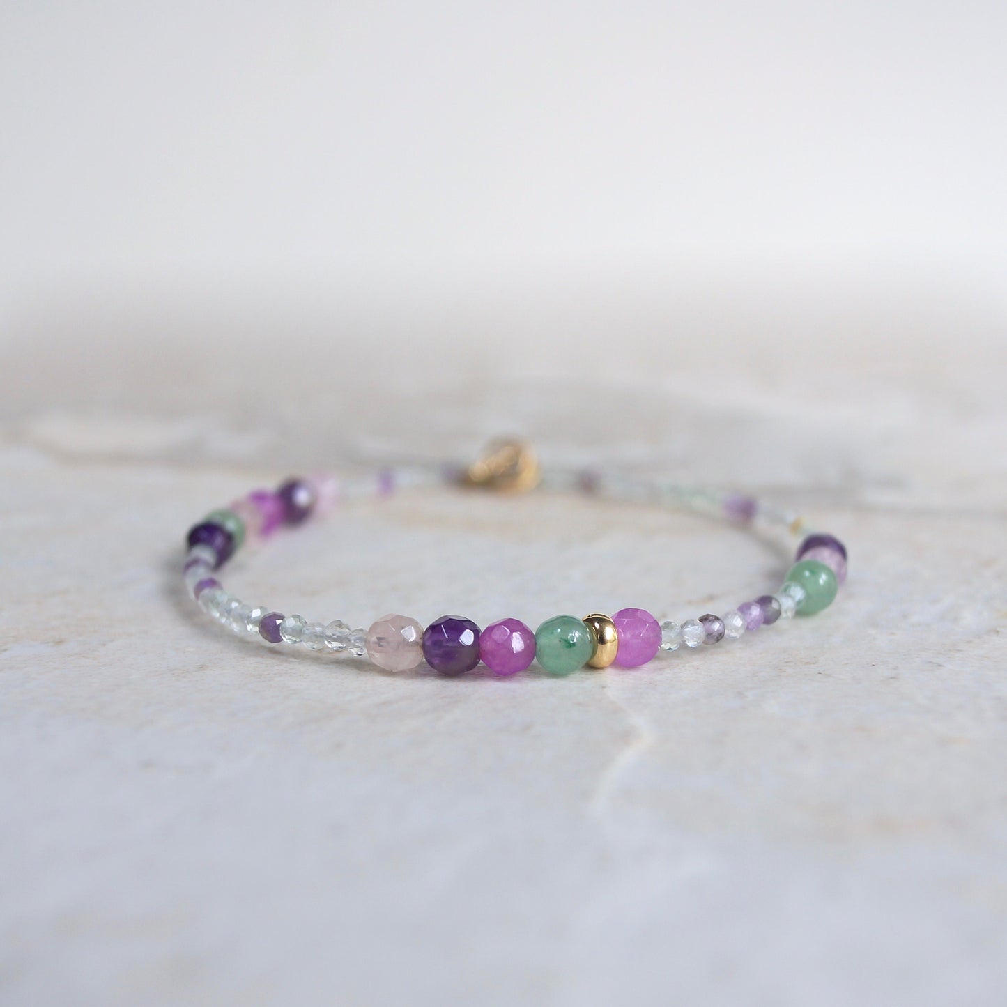 14K Solid Gold: Fluorite Bracelet | Pastel Rainbow Gemstones | Bohemian | Pastel Green and Purple | Fine Jewelry