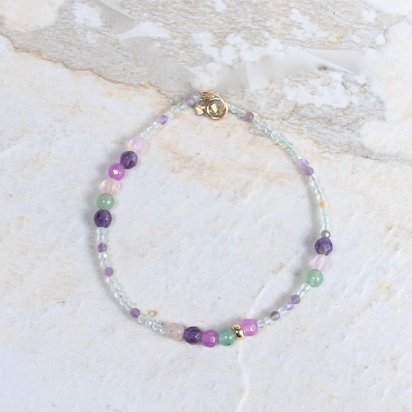 14K Solid Gold: Fluorite Bracelet | Pastel Rainbow Gemstones | Bohemian | Pastel Green and Purple | Fine Jewelry