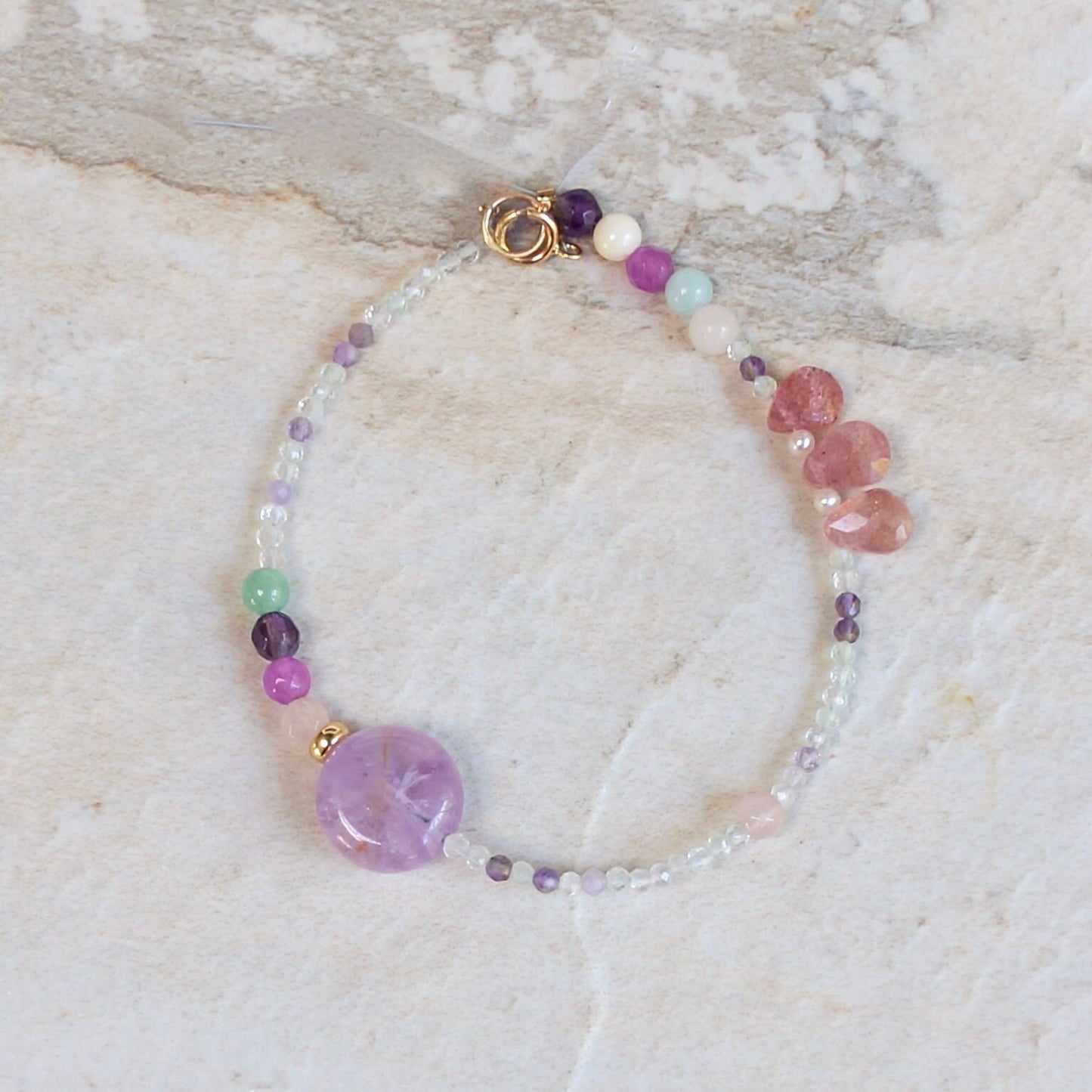 14K Solid Gold: Fluorite Bracelet | Pastel Rainbow Gemstones | Bohemian | Pastel Green and Purple | Fine Jewelry