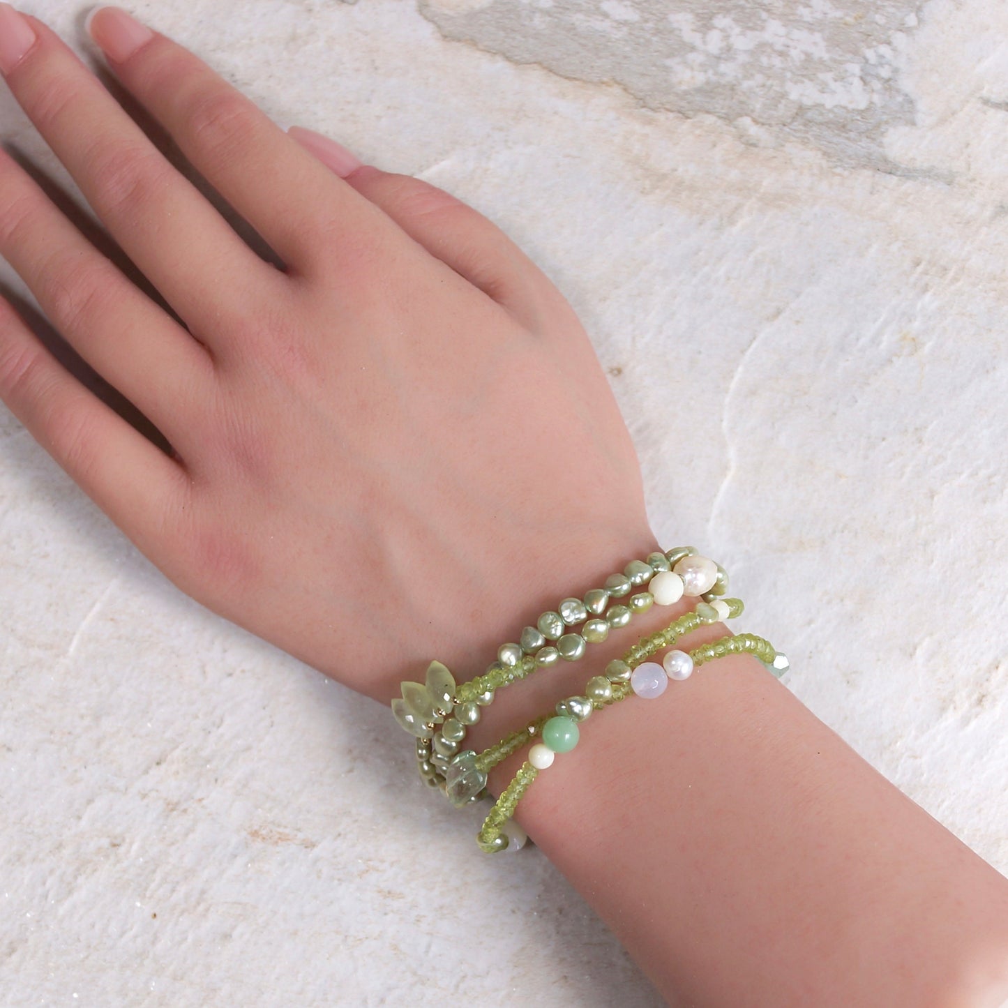 14K Solid Gold: Peridot Bracelet | Pastel Green Gemstones | Bohemian | Natural Pearl Bracelet | Fine Jewelry| Light Green