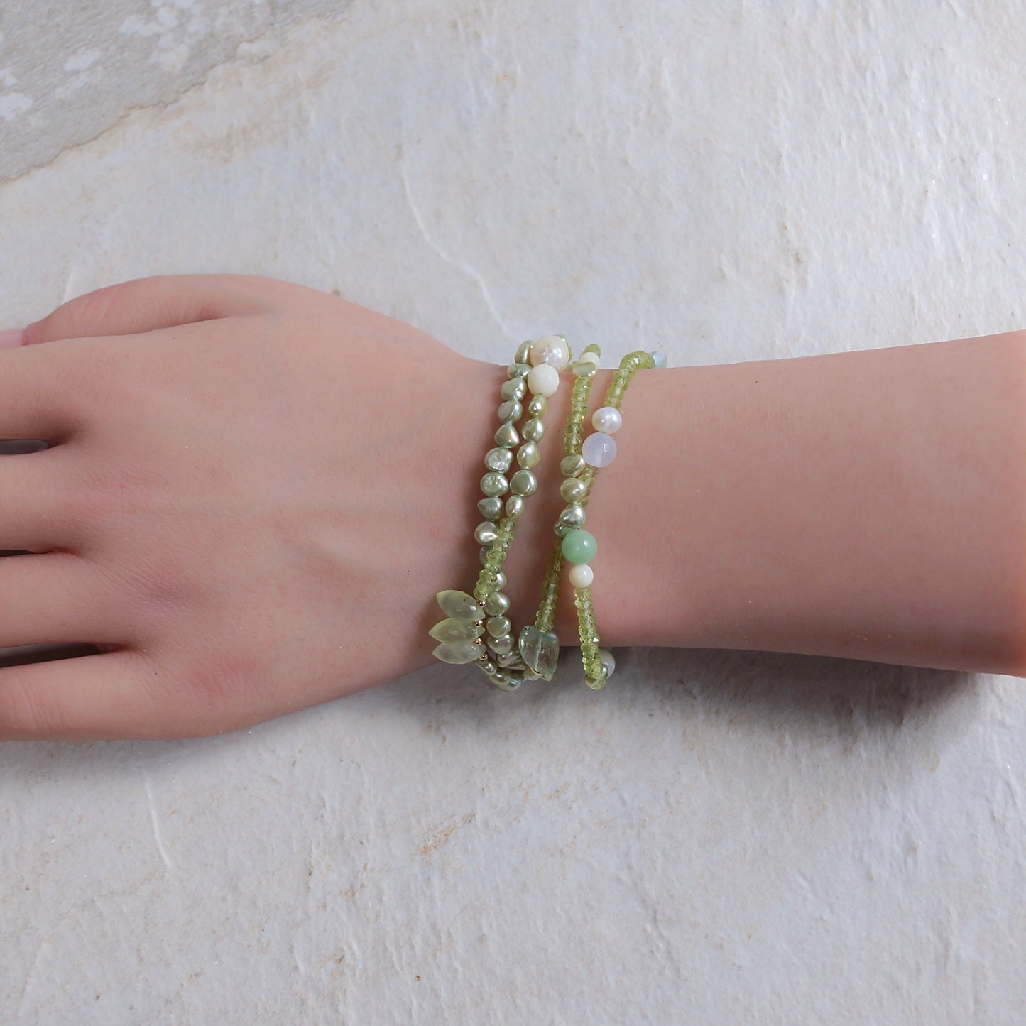 14K Solid Gold: Peridot Bracelet | Pastel Green Gemstones | Bohemian | Natural Pearl Bracelet | Fine Jewelry| Light Green