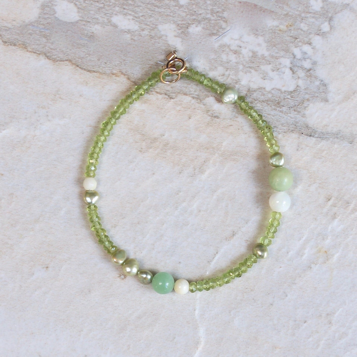 14K Solid Gold: Peridot Bracelet | Pastel Green Gemstones | Bohemian | Natural Pearl Bracelet | Fine Jewelry| Light Green