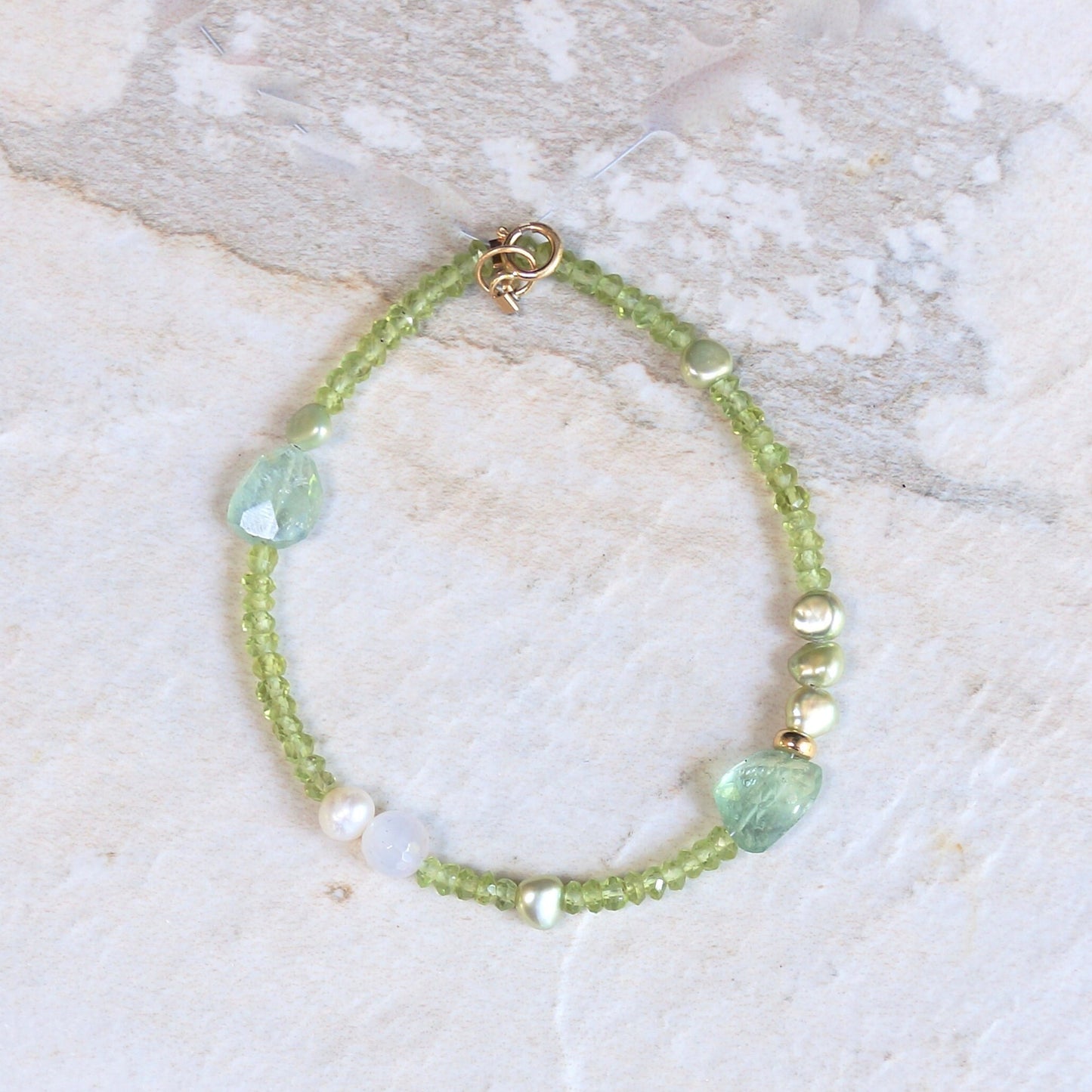 14K Solid Gold: Peridot Bracelet | Pastel Green Gemstones | Bohemian | Natural Pearl Bracelet | Fine Jewelry| Light Green