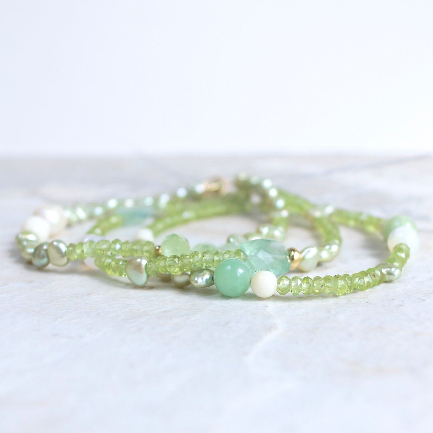 14K Solid Gold: Peridot Bracelet | Pastel Green Gemstones | Bohemian | Natural Pearl Bracelet | Fine Jewelry| Light Green