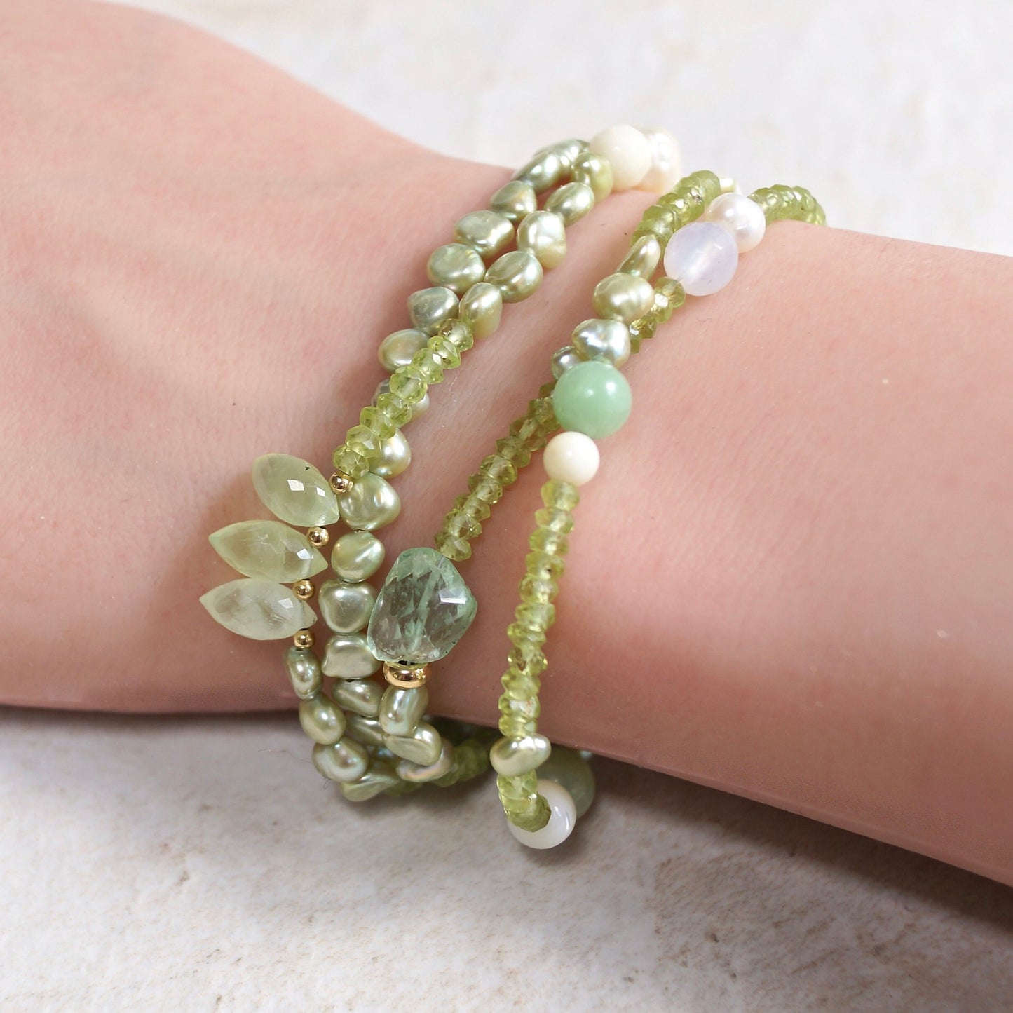 14K Solid Gold: Peridot Bracelet | Pastel Green Gemstones | Bohemian | Natural Pearl Bracelet | Fine Jewelry| Light Green