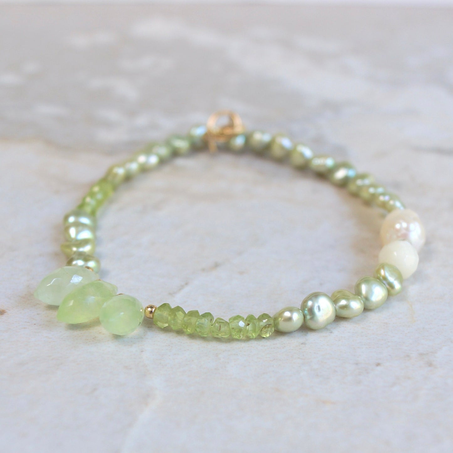 14K Solid Gold: Peridot Bracelet | Pastel Green Gemstones | Bohemian | Natural Pearl Bracelet | Fine Jewelry| Light Green