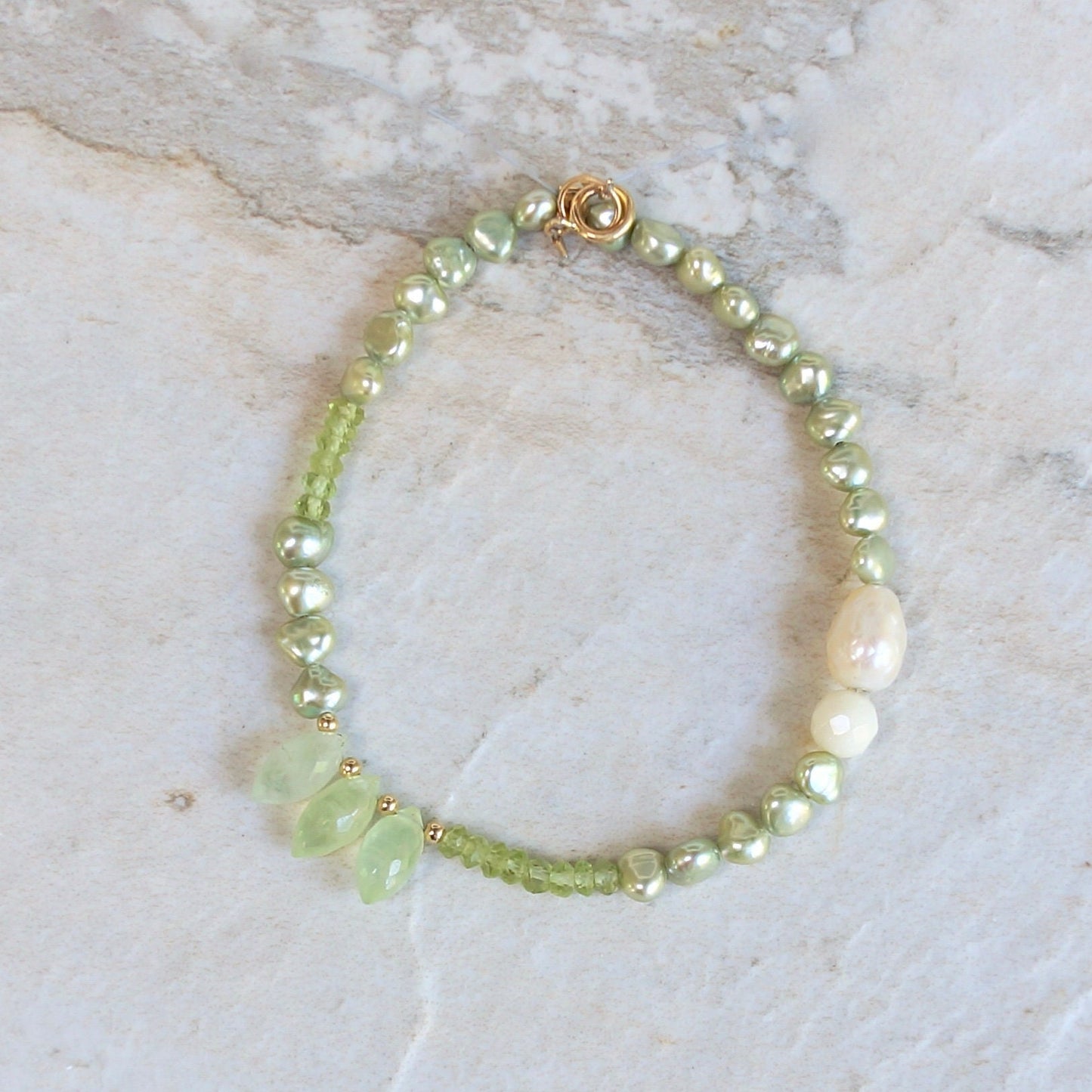 14K Solid Gold: Peridot Bracelet | Pastel Green Gemstones | Bohemian | Natural Pearl Bracelet | Fine Jewelry| Light Green