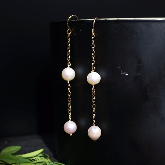 14K Solid Gold: Natural Pearl Dangle Earrings