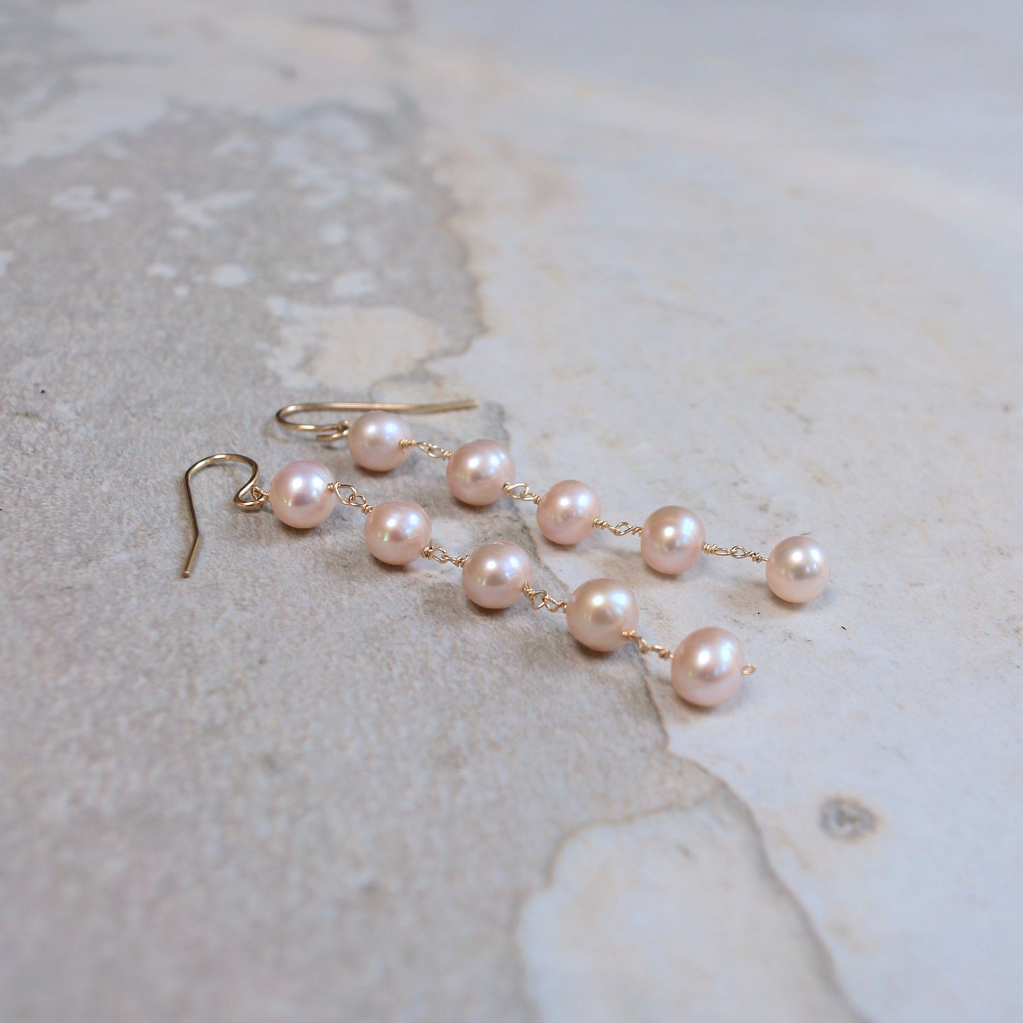 14K Solid Gold: Natural Pearl Dangle Earrings| Light Pink | Bridal Jewelry| Wedding Earrings