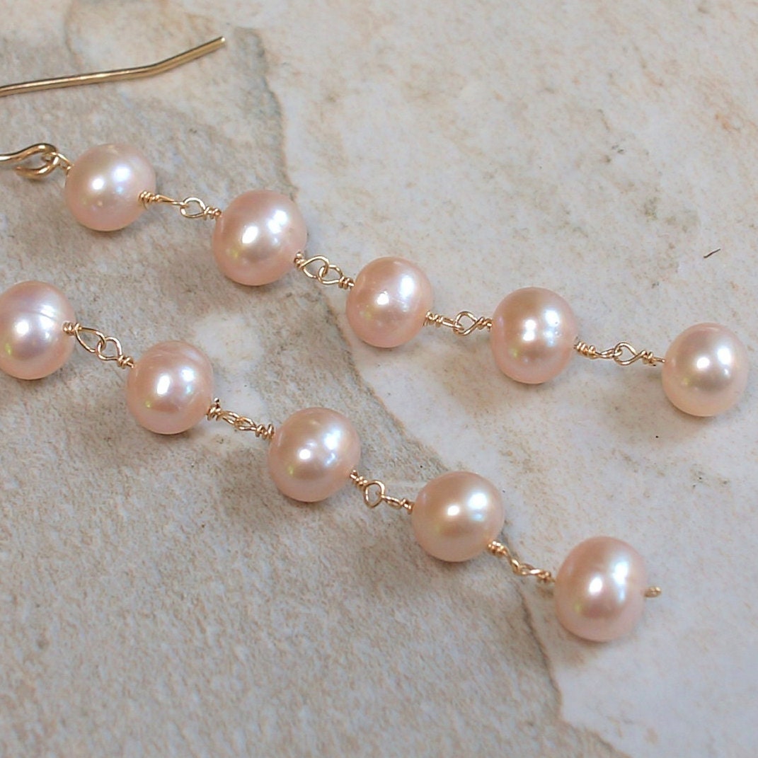 14K Solid Gold: Natural Pearl Dangle Earrings| Light Pink | Bridal Jewelry| Wedding Earrings