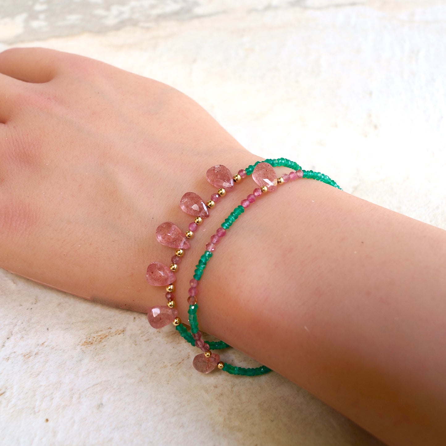 14K Solid Gold: Green Onyx Bracelet | Strawberry Quartz Bracelet| Green and Pink | Bohemian | Emerald Green | Antique Pink|  Fine Jewelry