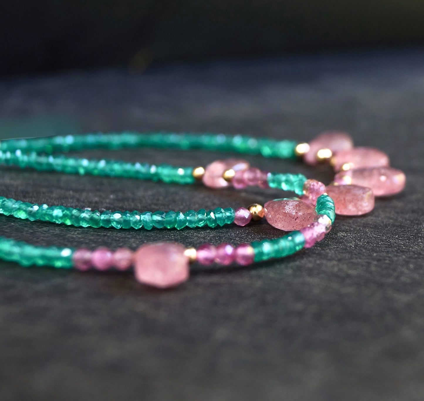 14K Solid Gold: Green Onyx Bracelet | Strawberry Quartz Bracelet| Green and Pink | Bohemian | Emerald Green | Antique Pink|  Fine Jewelry