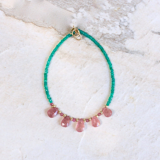 14K Solid Gold: Green Onyx Bracelet | Strawberry Quartz Bracelet| Green and Pink | Bohemian | Emerald Green | Antique Pink|  Fine Jewelry