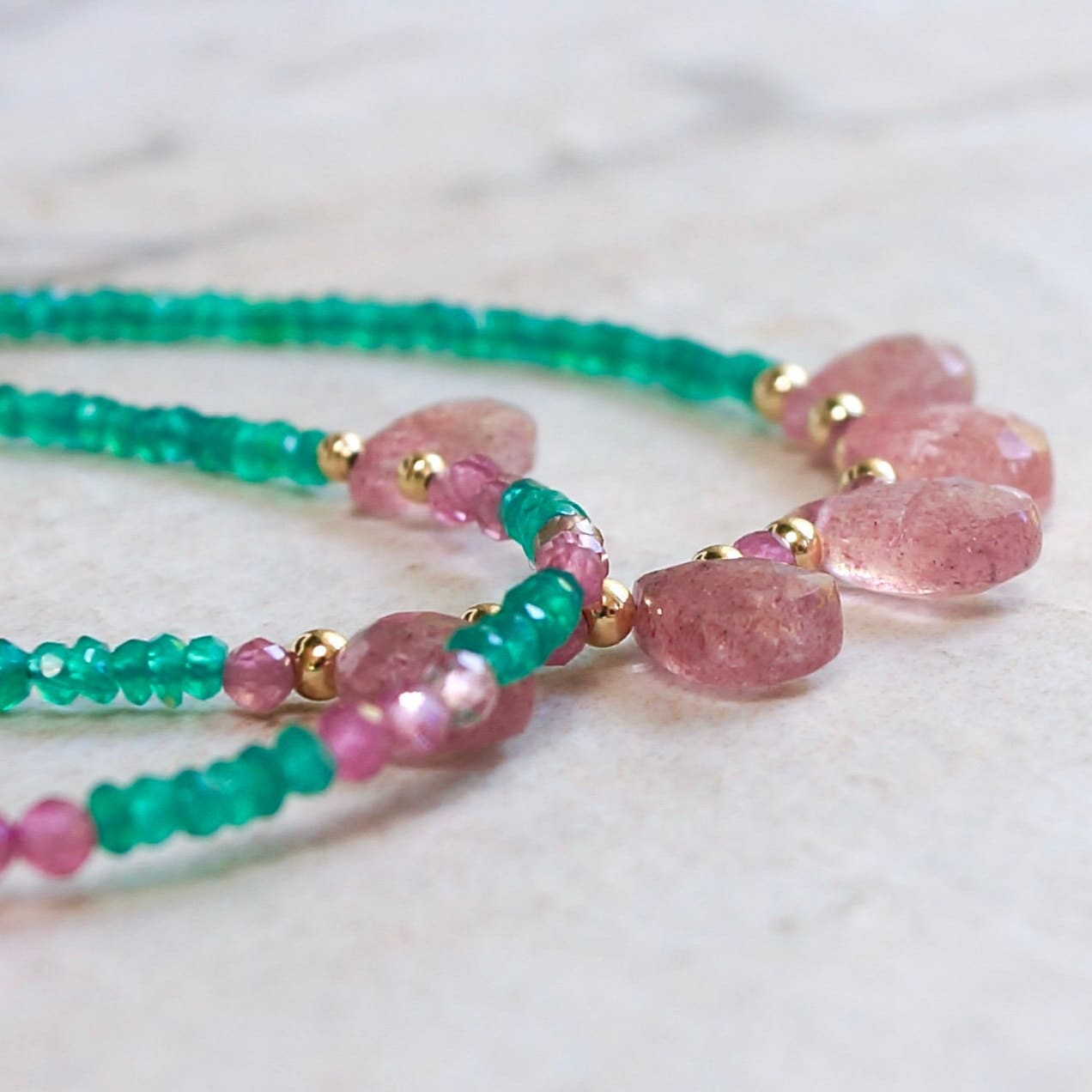 14K Solid Gold: Green Onyx Bracelet | Strawberry Quartz Bracelet| Green and Pink | Bohemian | Emerald Green | Antique Pink|  Fine Jewelry