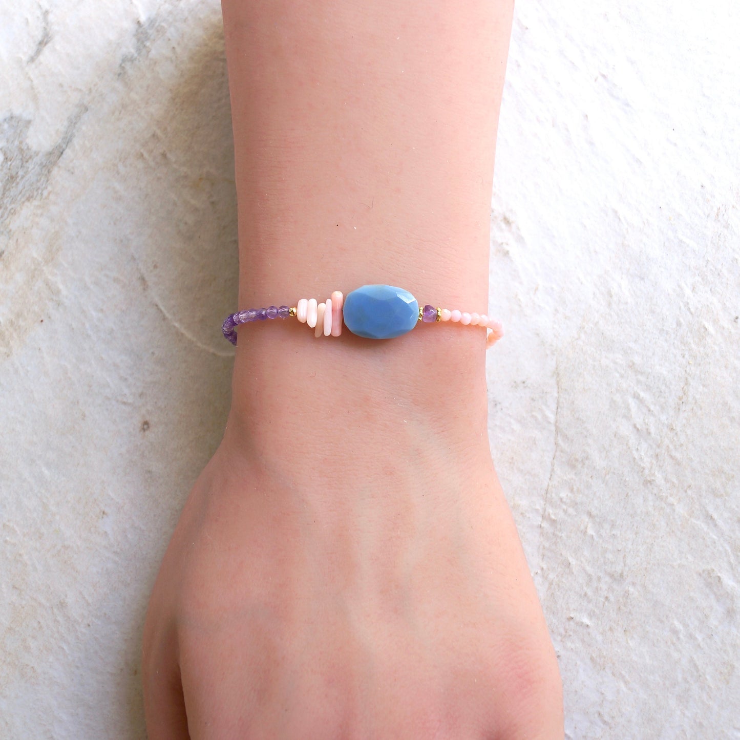 14K Solid Gold: Blue Opal Bracelet | Pink Opal Bracelet | Amethyst Bracelet| Bohemian | Pastel Blue and Pink | Fine Jewelry