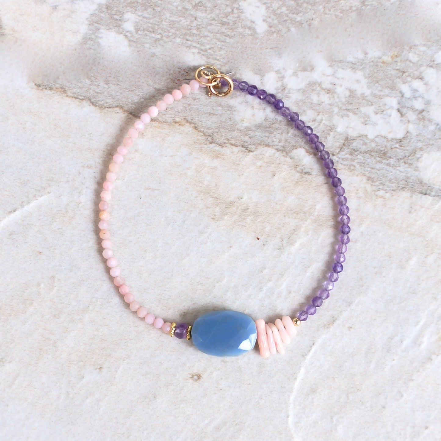 14K Solid Gold: Blue Opal Bracelet | Pink Opal Bracelet | Amethyst Bracelet| Bohemian | Pastel Blue and Pink | Fine Jewelry