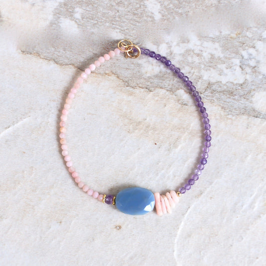 14K Solid Gold: Blue Opal Bracelet | Pink Opal Bracelet | Amethyst Bracelet| Bohemian | Pastel Blue and Pink | Fine Jewelry