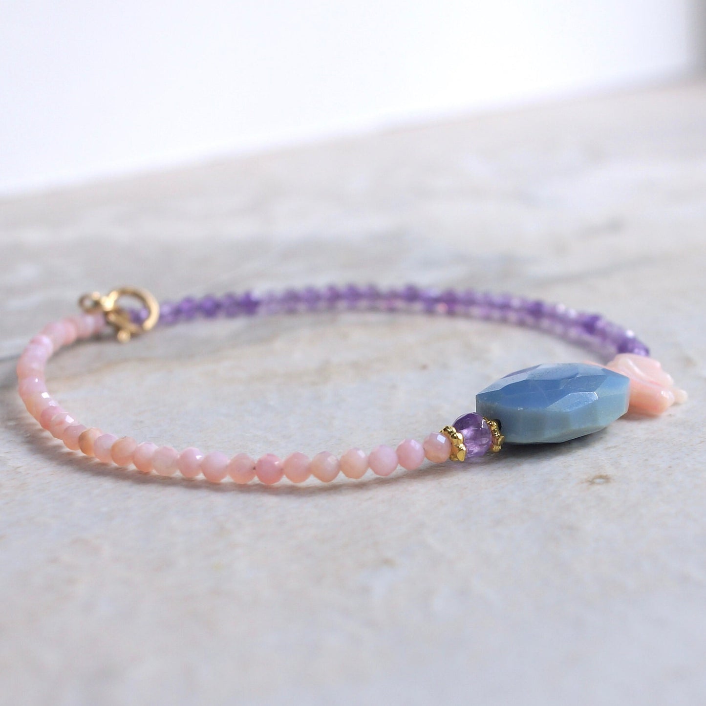 14K Solid Gold: Blue Opal Bracelet | Pink Opal Bracelet | Amethyst Bracelet| Bohemian | Pastel Blue and Pink | Fine Jewelry