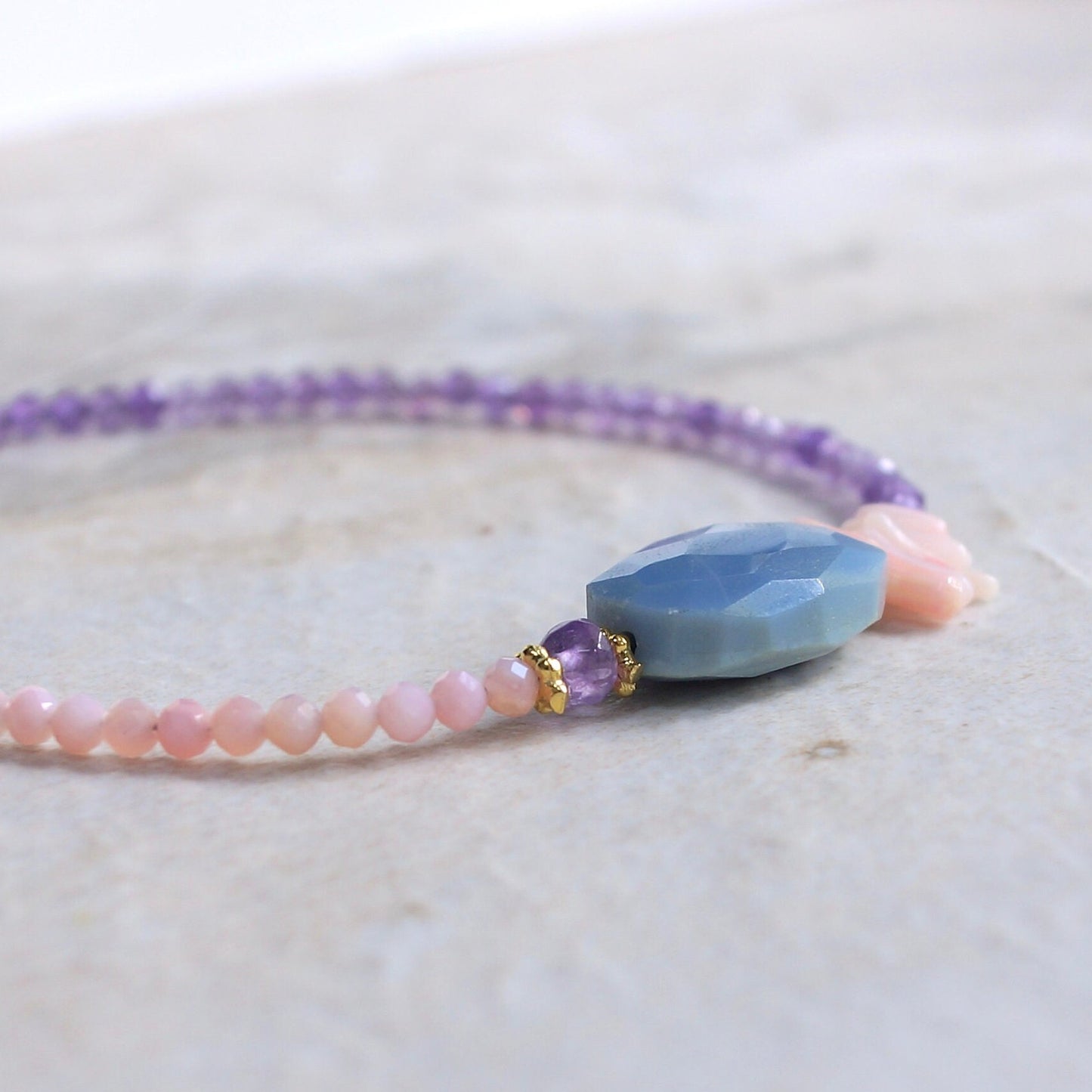 14K Solid Gold: Blue Opal Bracelet | Pink Opal Bracelet | Amethyst Bracelet| Bohemian | Pastel Blue and Pink | Fine Jewelry