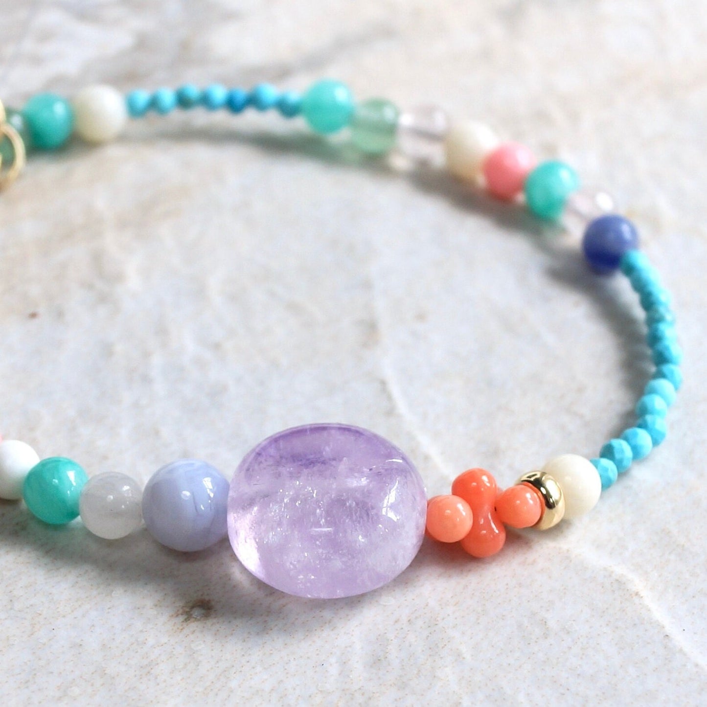 14K Solid Gold: Rainbow Gemstone Bracelet | Turquoise Bracelet | Pastel Multi Color Gemstones | Bohemian | Fine Jewelry