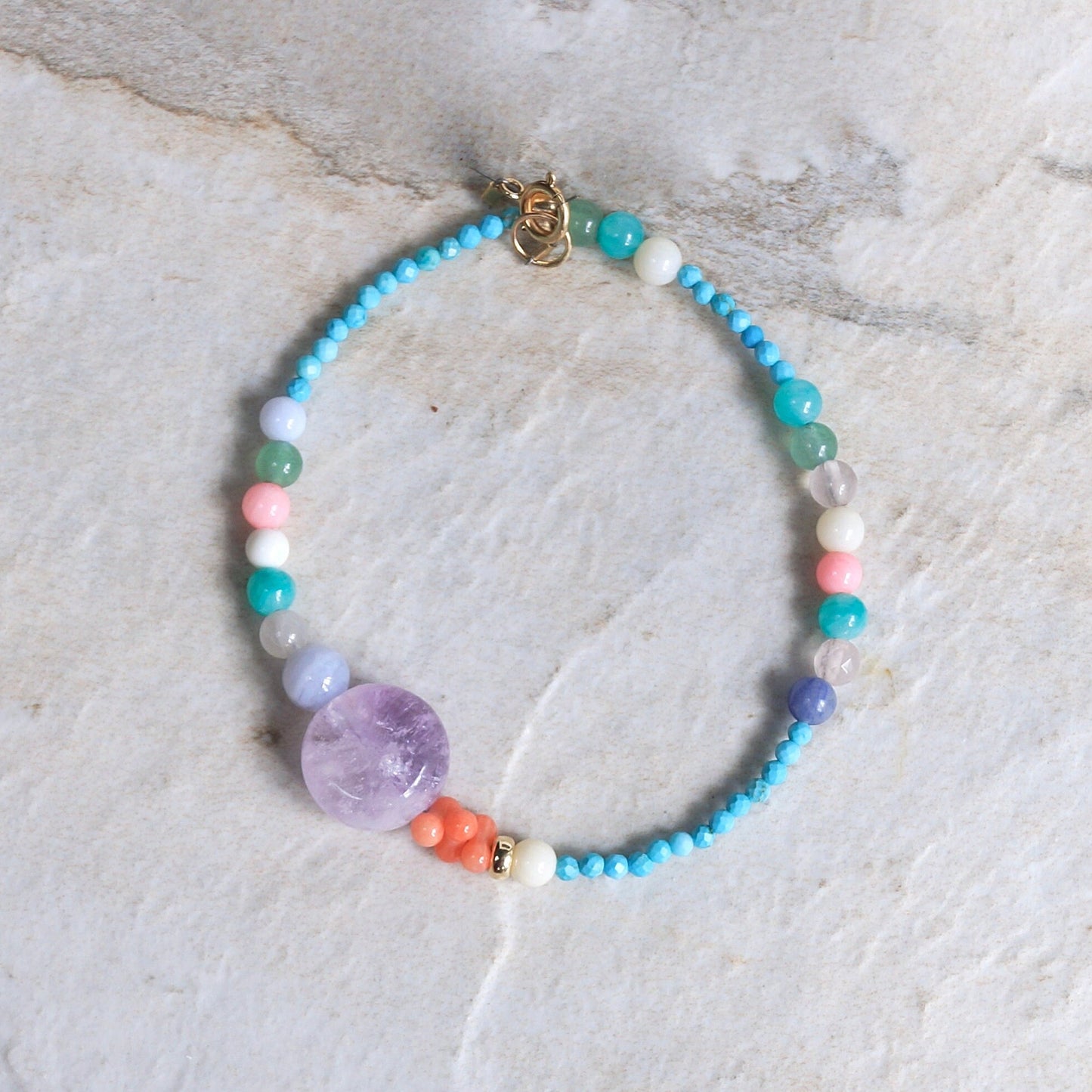 14K Solid Gold: Rainbow Gemstone Bracelet | Turquoise Bracelet | Pastel Multi Color Gemstones | Bohemian | Fine Jewelry