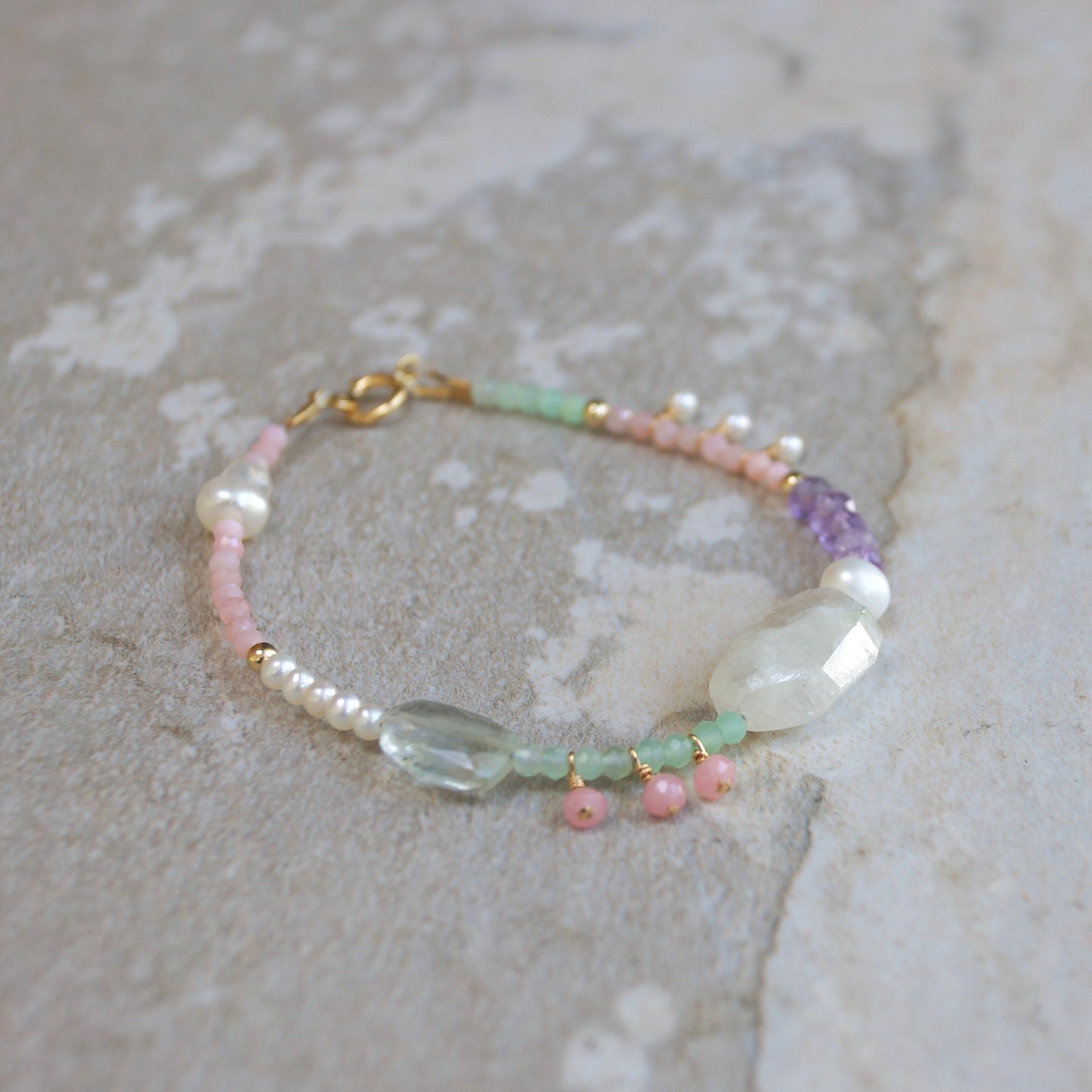 14K Solid Gold: Pink Opal Bracelet| Pastel Rainbow Bracelet | Fine Jewelry