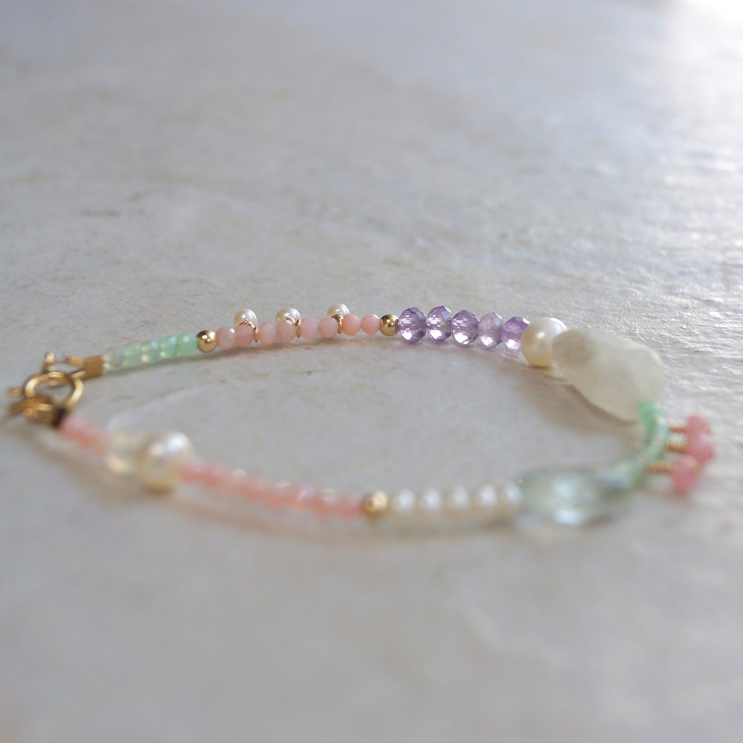 14K Solid Gold: Pink Opal Bracelet| Pastel Rainbow Bracelet | Fine Jewelry