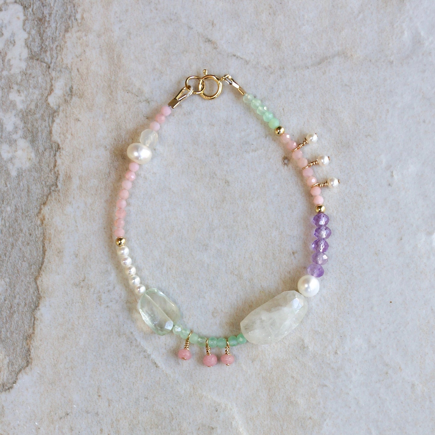 14K Solid Gold: Pink Opal Bracelet| Pastel Rainbow Bracelet | Fine Jewelry