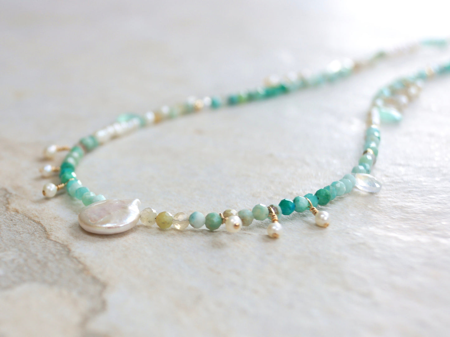 14k Solid Gold: Amazonite Charm Necklace| 3mm |  Fine Jewelry