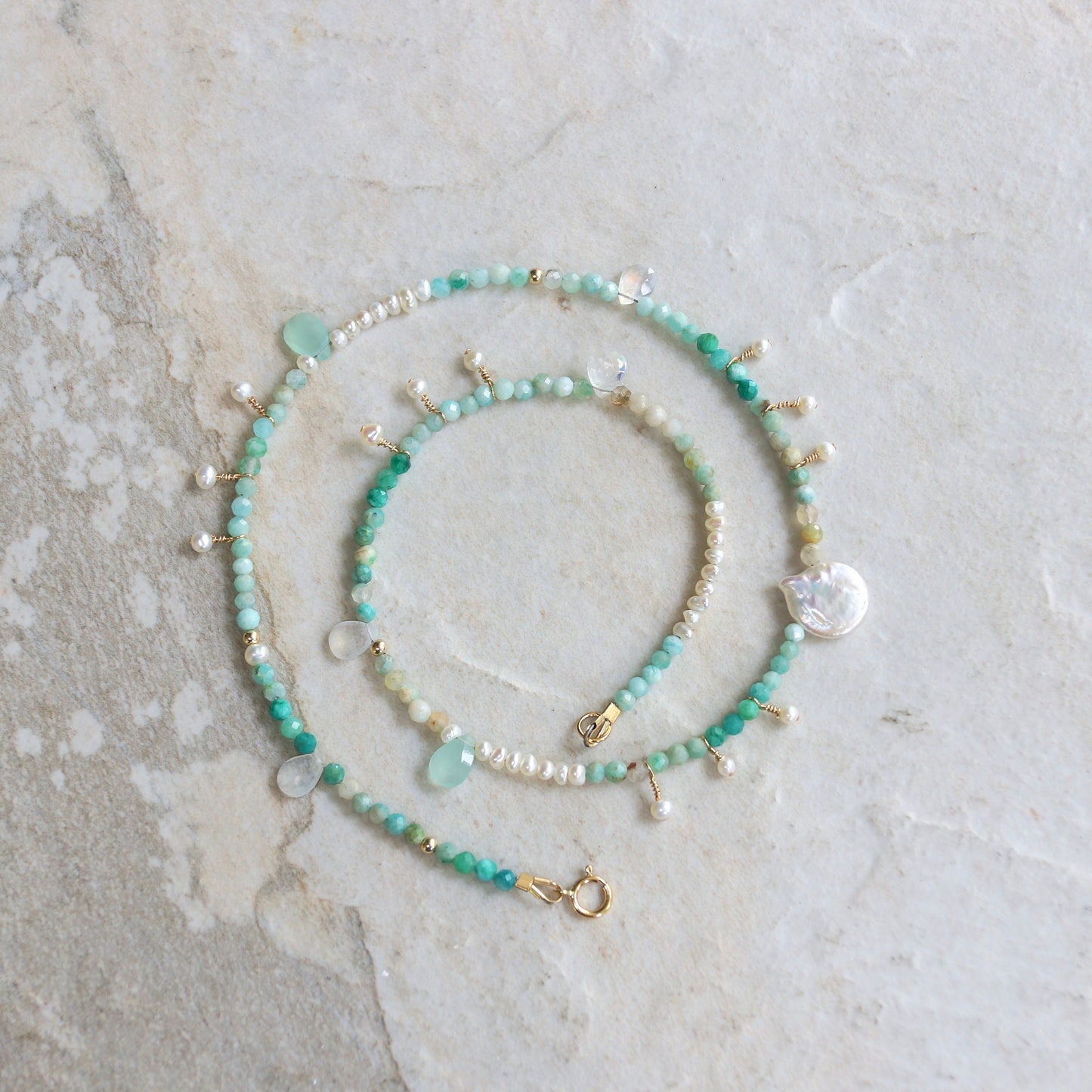 14k Solid Gold: Amazonite Charm Necklace| 3mm |  Fine Jewelry