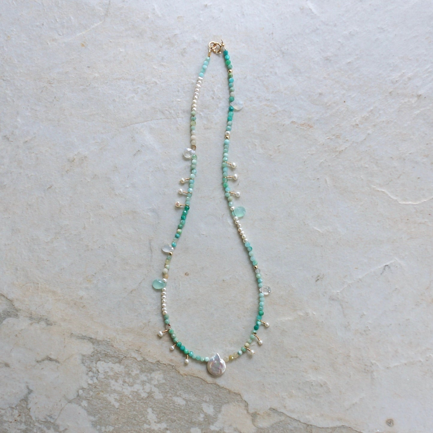 14k Solid Gold: Amazonite Charm Necklace| 3mm |  Fine Jewelry