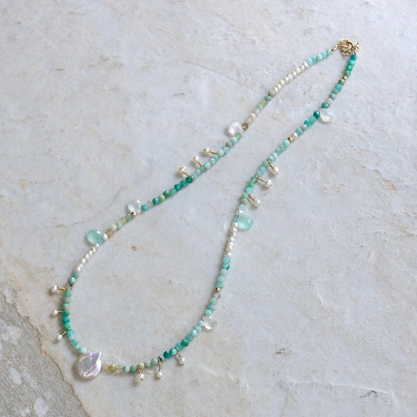 14k Solid Gold: Amazonite Charm Necklace| 3mm |  Fine Jewelry