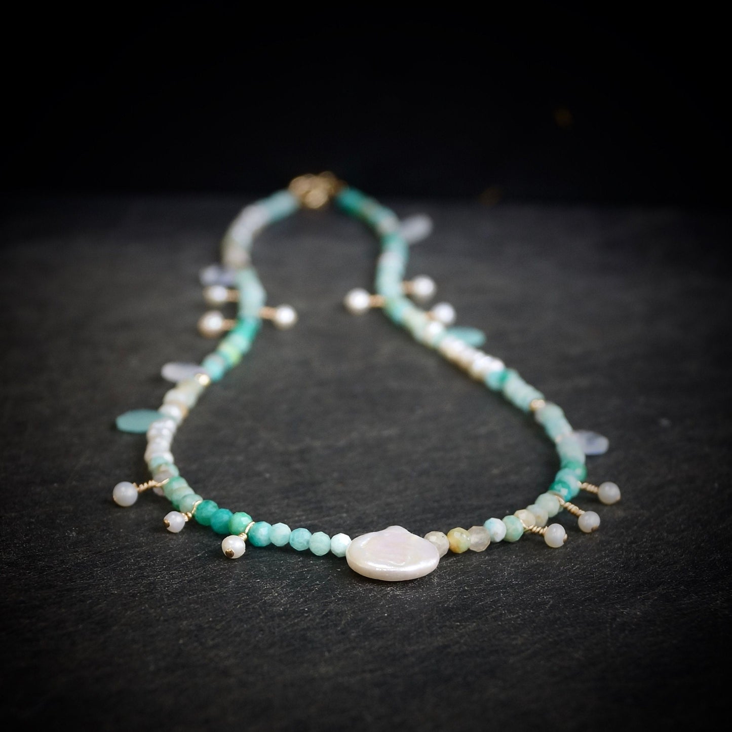 14k Solid Gold: Amazonite Charm Necklace| 3mm |  Fine Jewelry