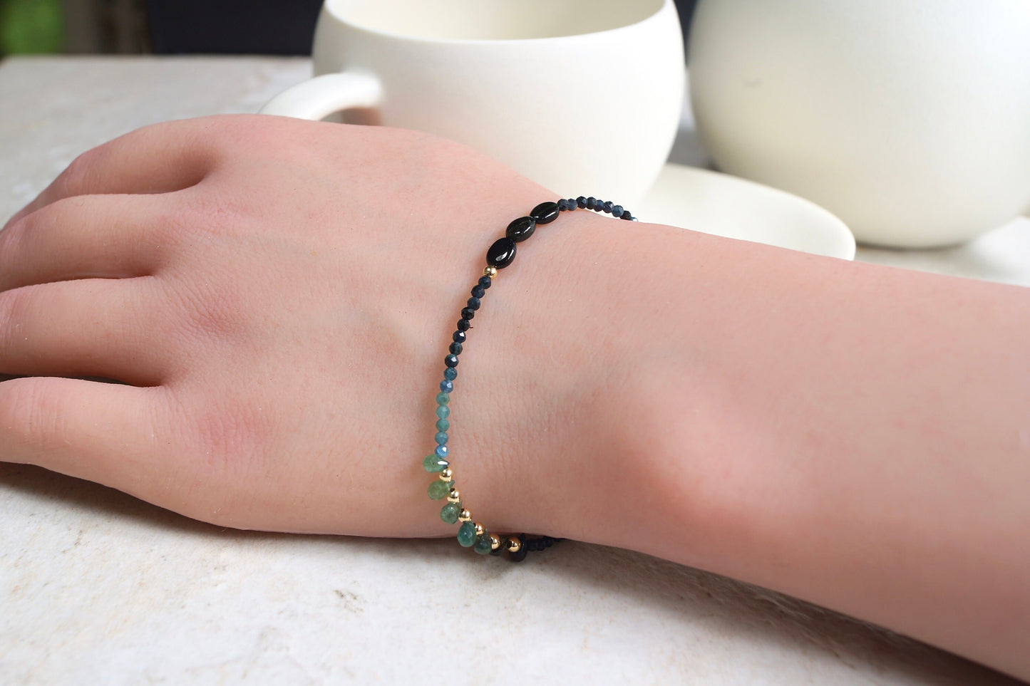 14K Solid Gold: Blue Tourmaline Bracelet | 2mm | 6.5" | Ombre | Teal Blue