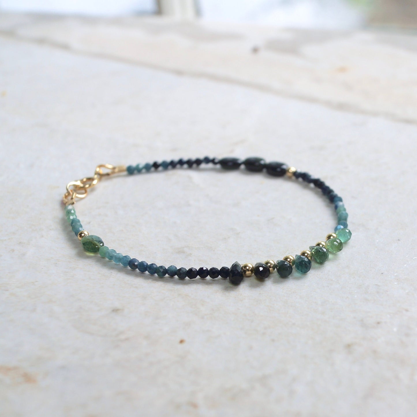 14K Solid Gold: Blue Tourmaline Bracelet | 2mm | 6.5" | Ombre | Teal Blue