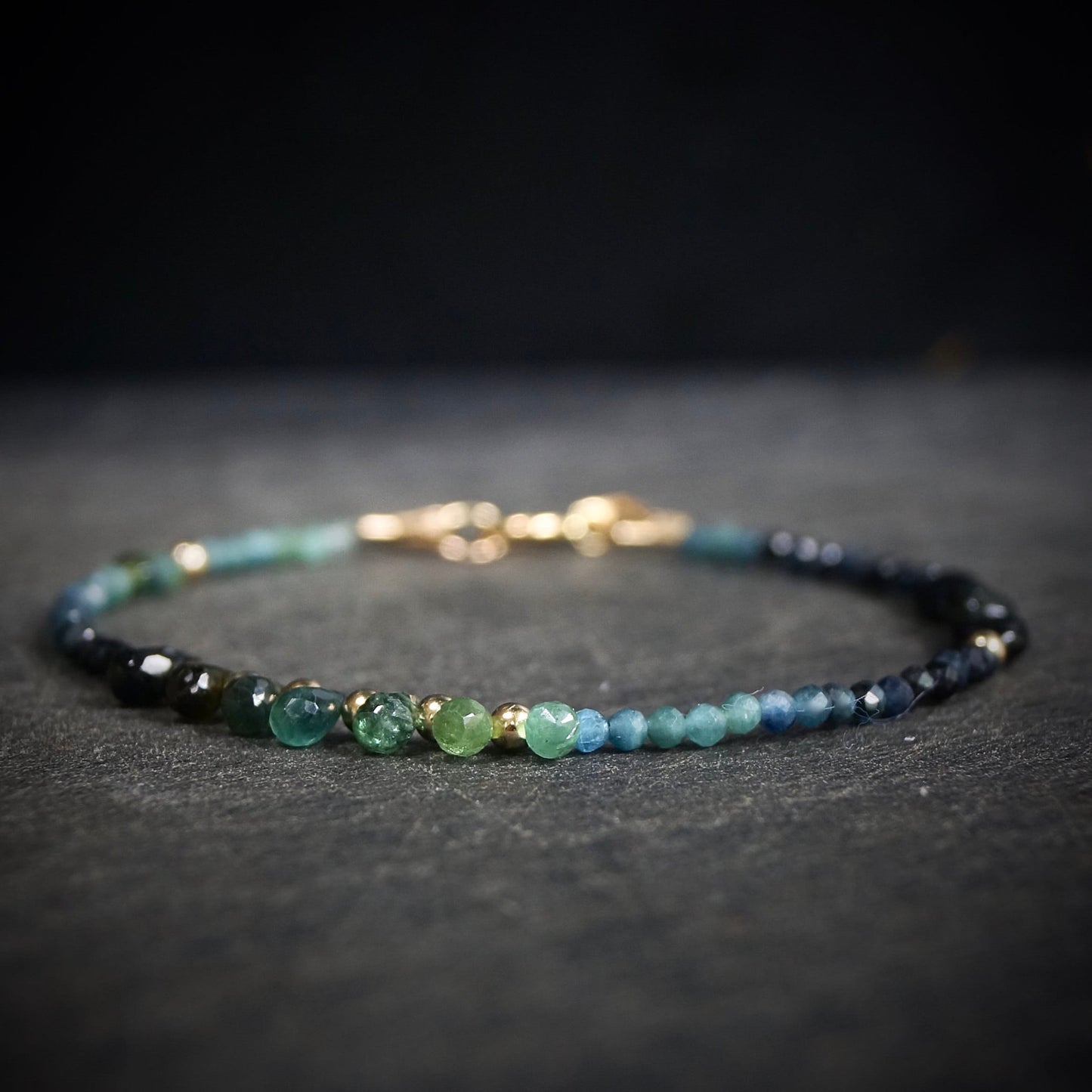 14K Solid Gold: Blue Tourmaline Bracelet | 2mm | 6.5" | Ombre | Teal Blue