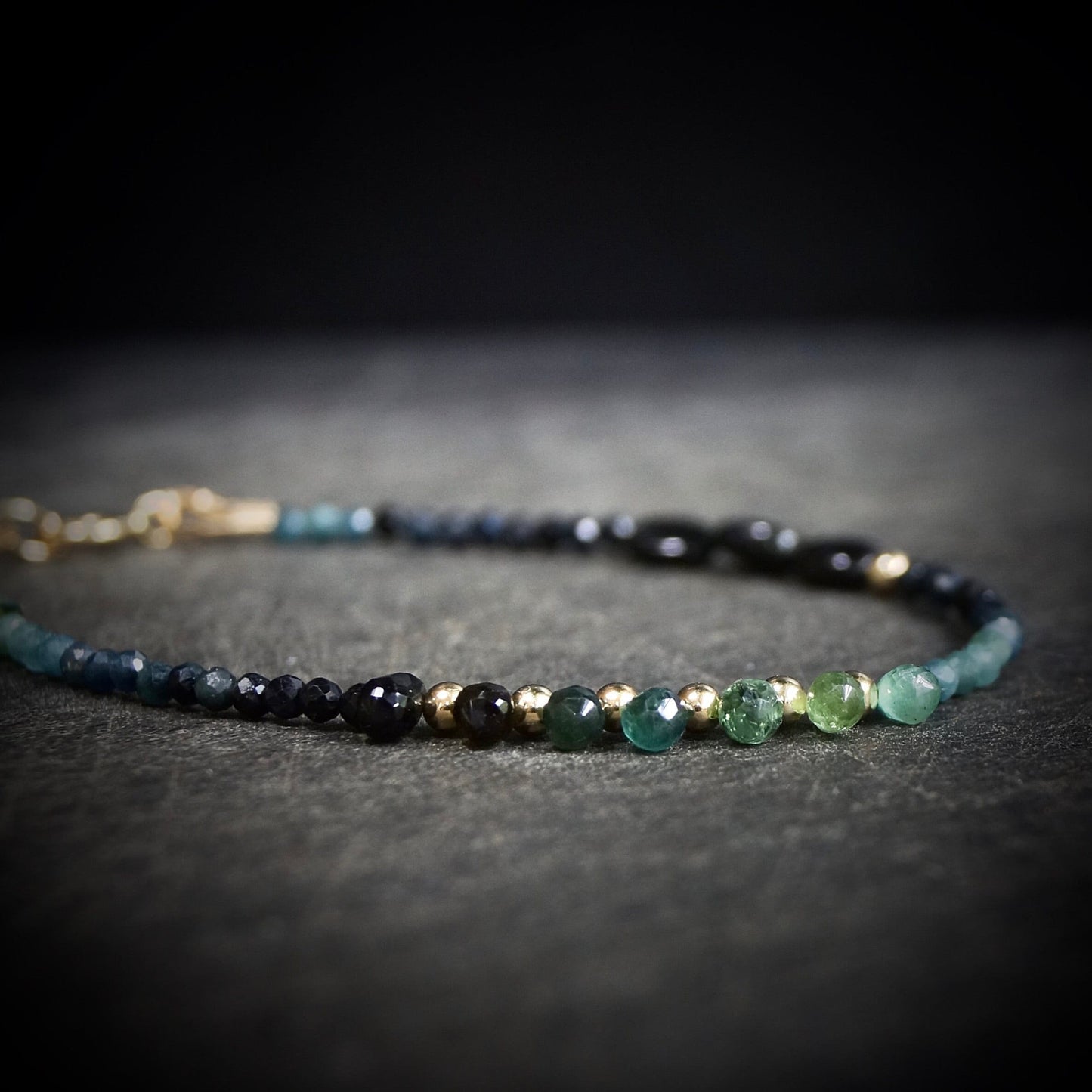 14K Solid Gold: Blue Tourmaline Bracelet | 2mm | 6.5" | Ombre | Teal Blue