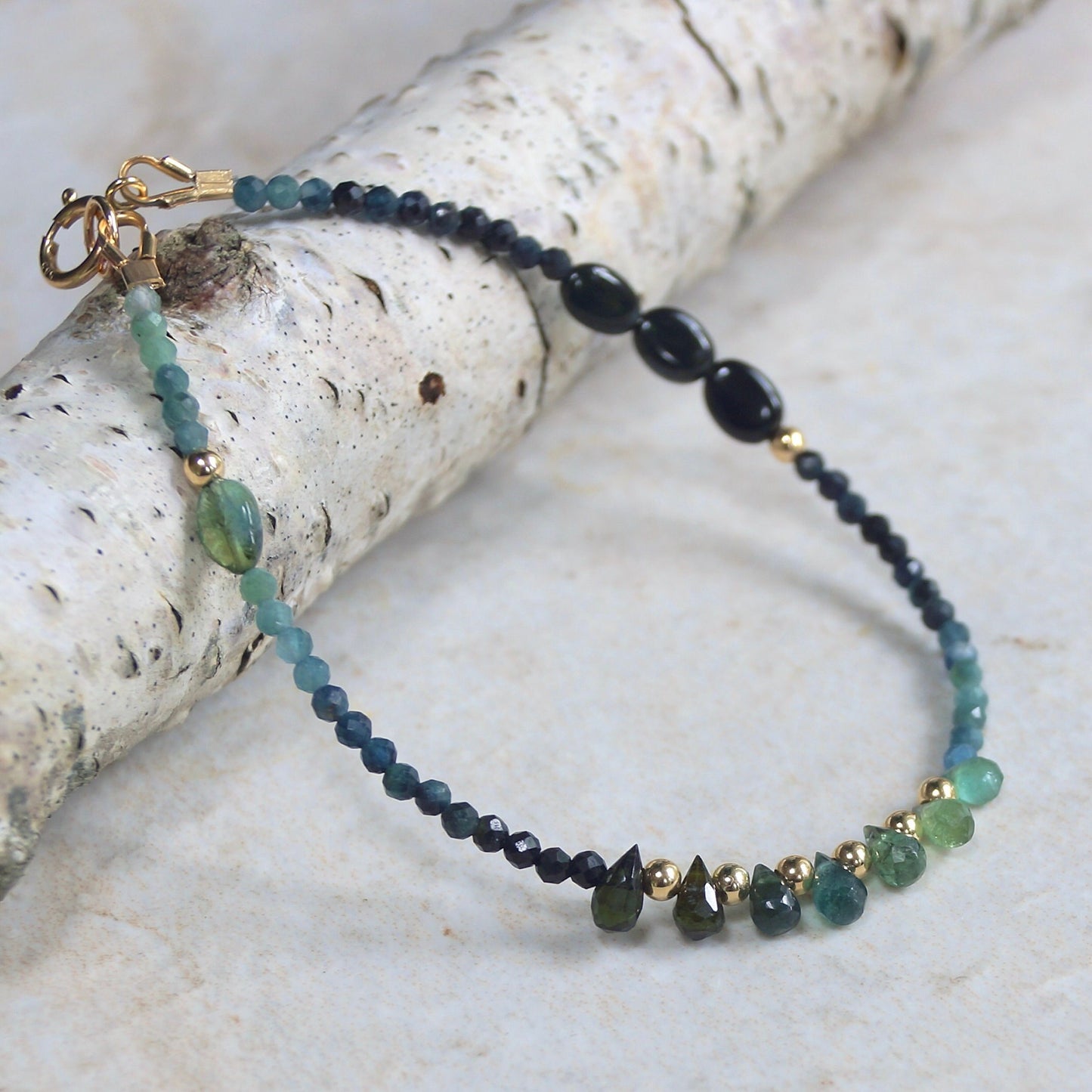 14K Solid Gold: Blue Tourmaline Bracelet | 2mm | 6.5" | Ombre | Teal Blue