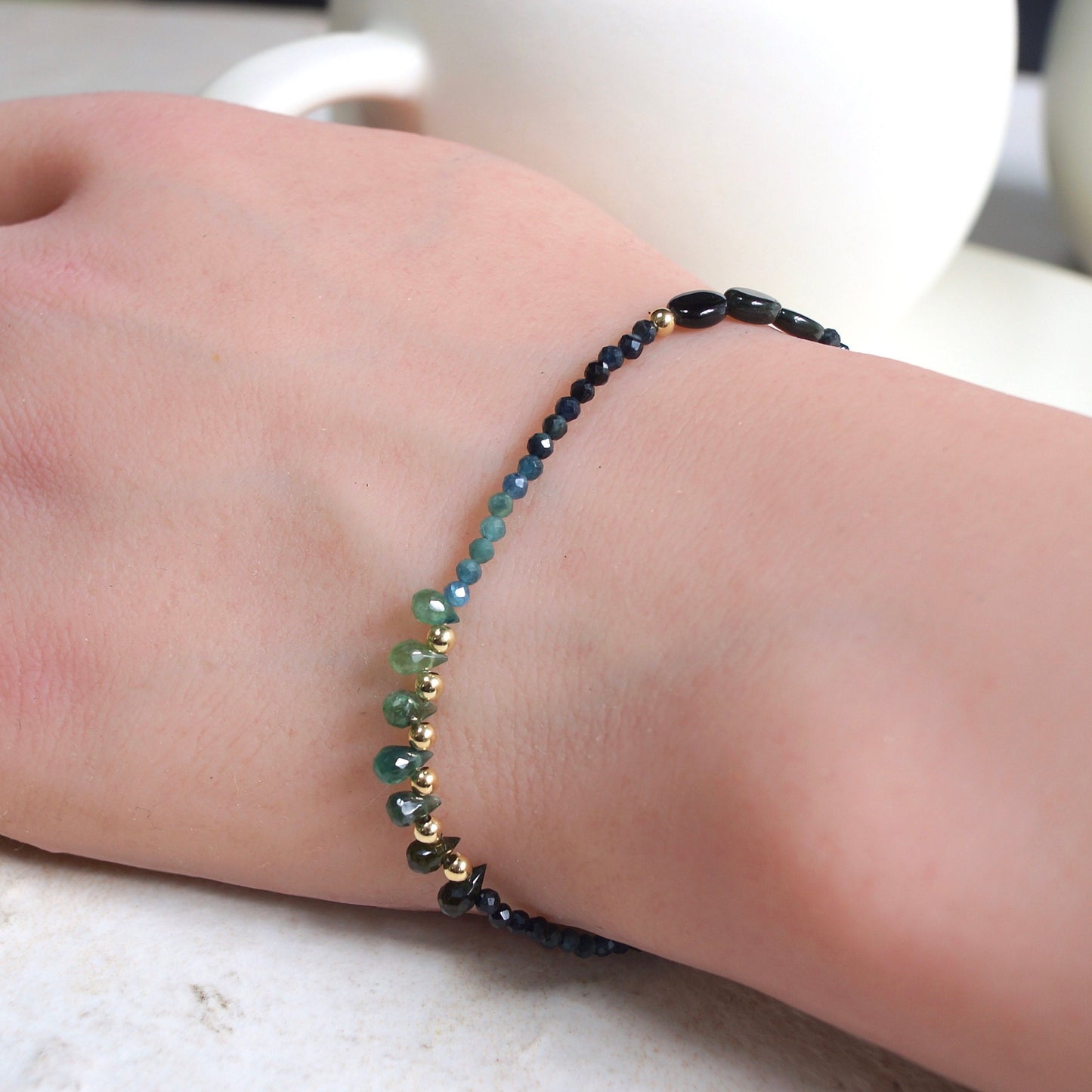 14K Solid Gold: Tourmaline Bracelet | 2.5mm | Ombre | Teal Blue | Pink Green | Ocher