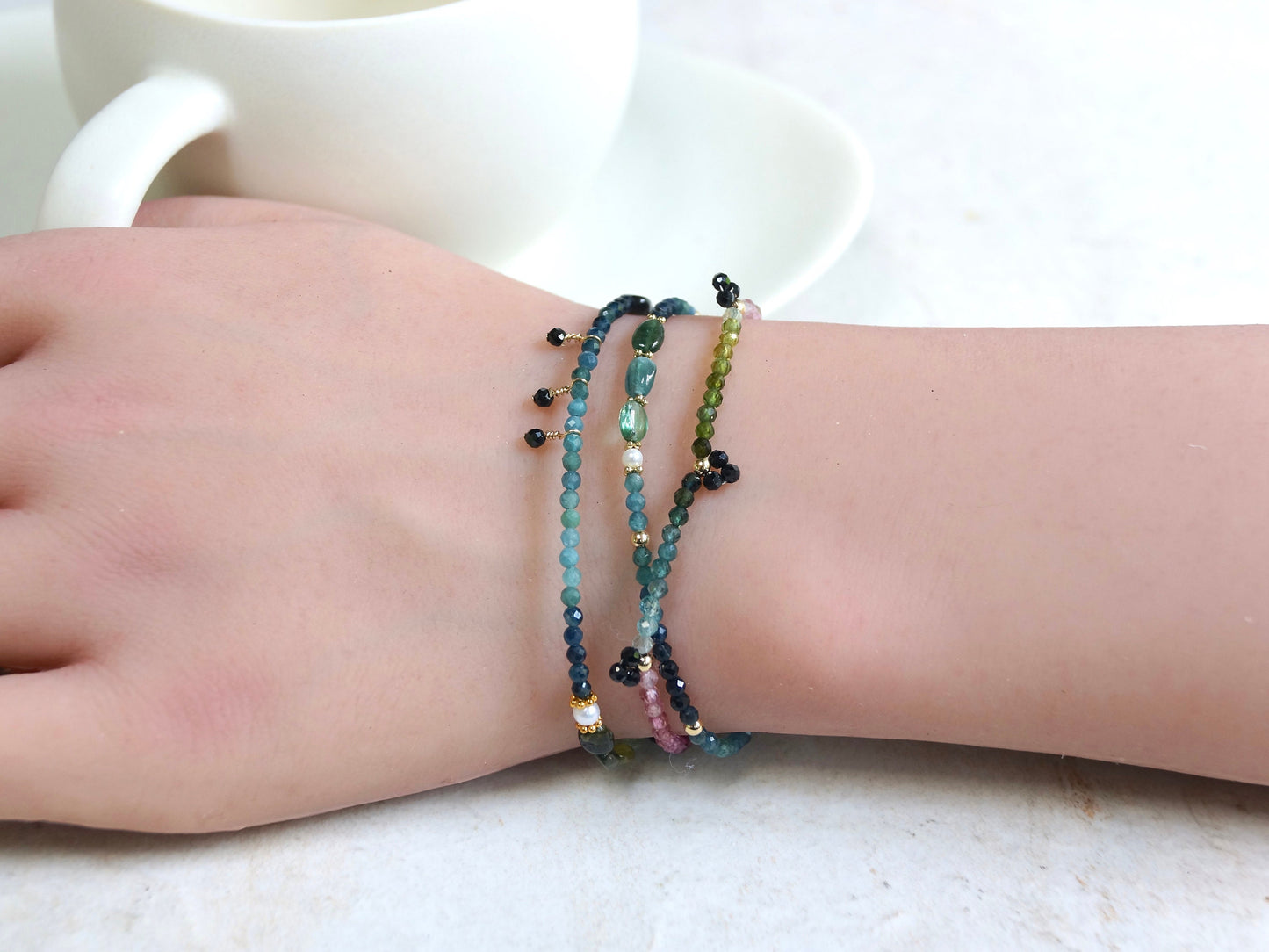 14K Solid Gold: Tourmaline Bracelet | 2.5mm | Ombre | Teal Blue | Pink Green | Ocher