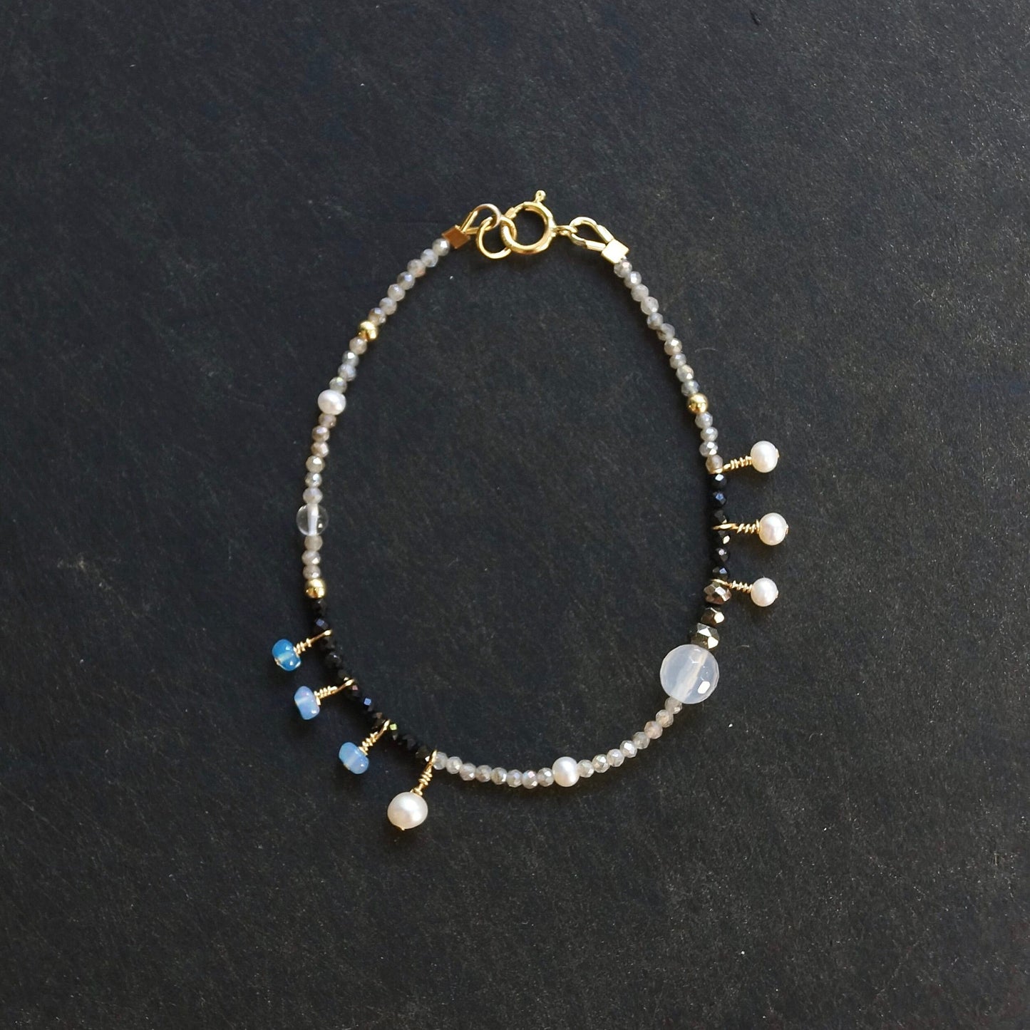 14K Solid Gold: Labradorite| 2mm | Gray Black | Fine Jewelry