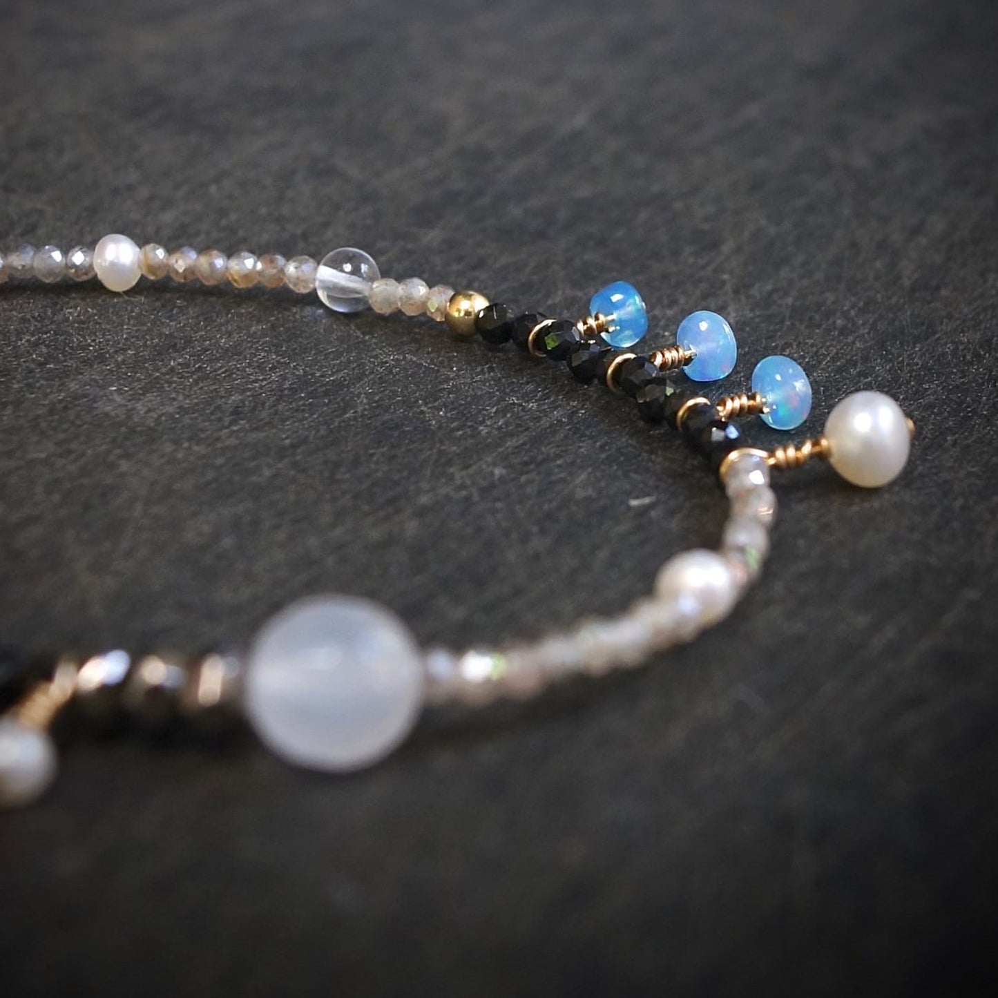 14K Solid Gold: Labradorite| 2mm | Gray Black | Fine Jewelry