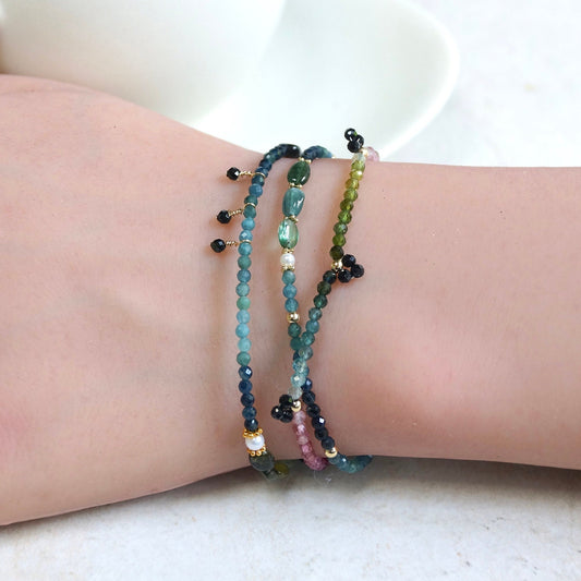 14K Solid Gold: Blue Tourmaline Bracelet | 2mm | Teal Blue| Fine Jewelry