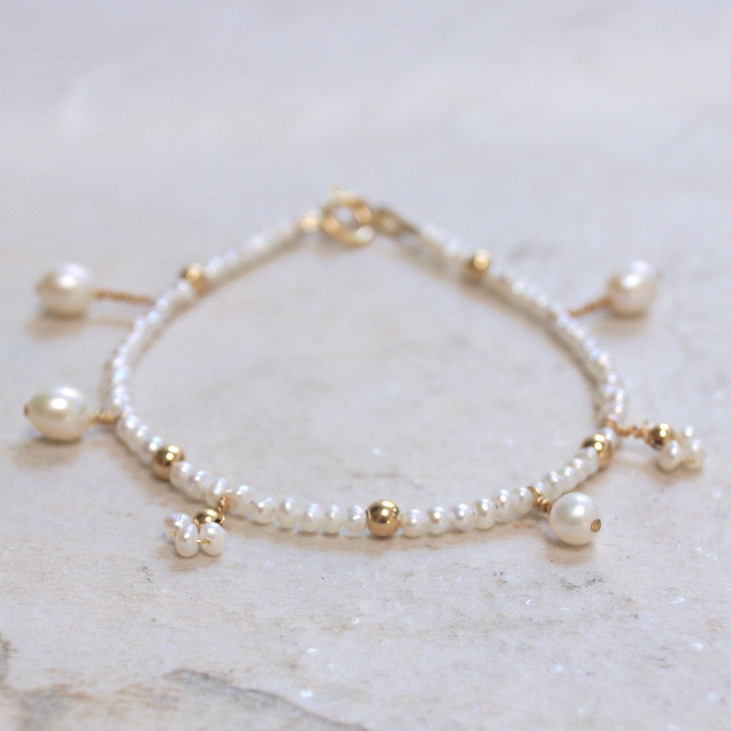 14K Solid Gold: Natural Pearl Bracelet| Cluster Pearl| 2.5mm| Bridal Jewelry| Fine Jewelry