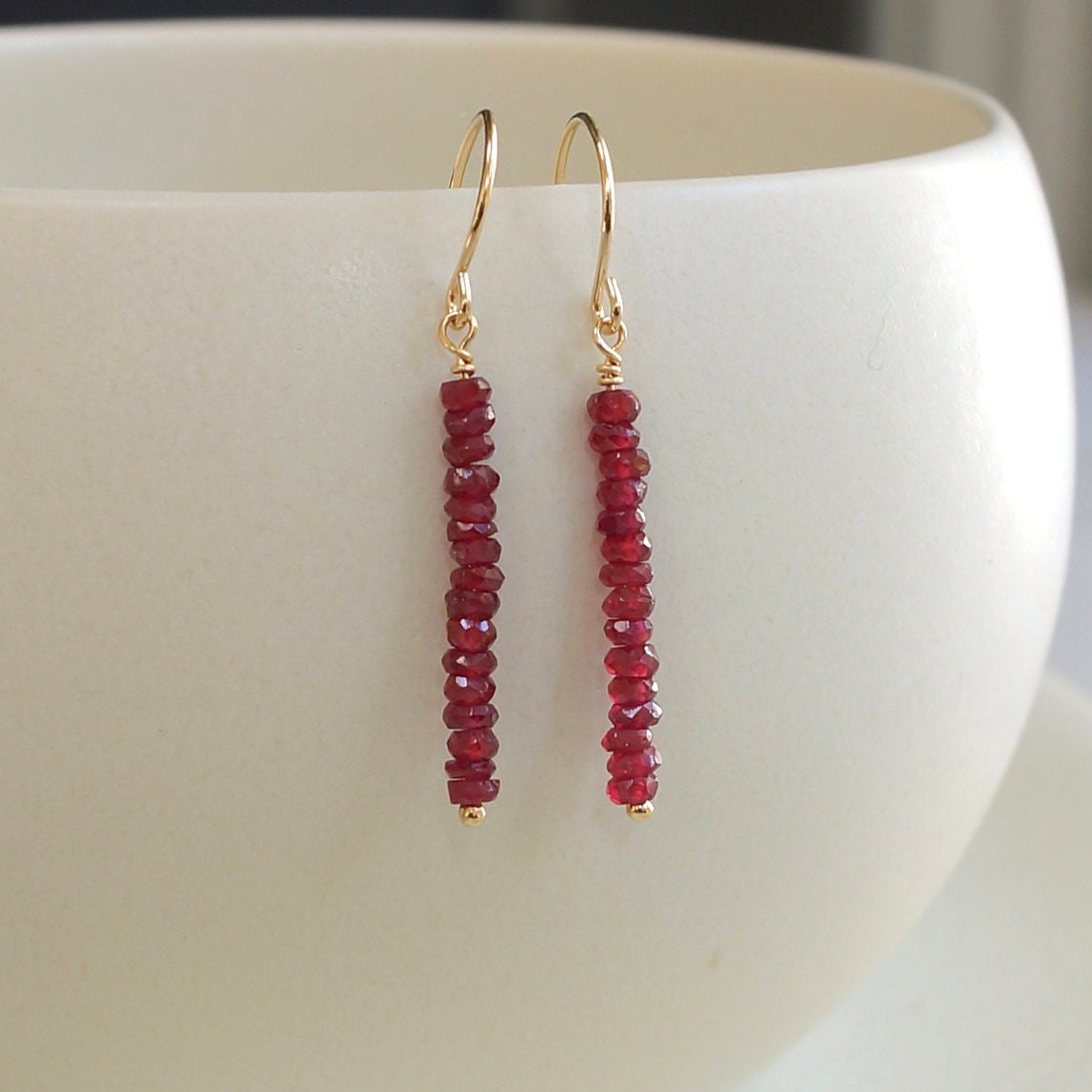 14K Solid Gold: Dainty Ruby Earrings | 2mm | Red Ruby | Dangle | Minimalist | Drop Earrings | Fine Jewelry | July Birthstone