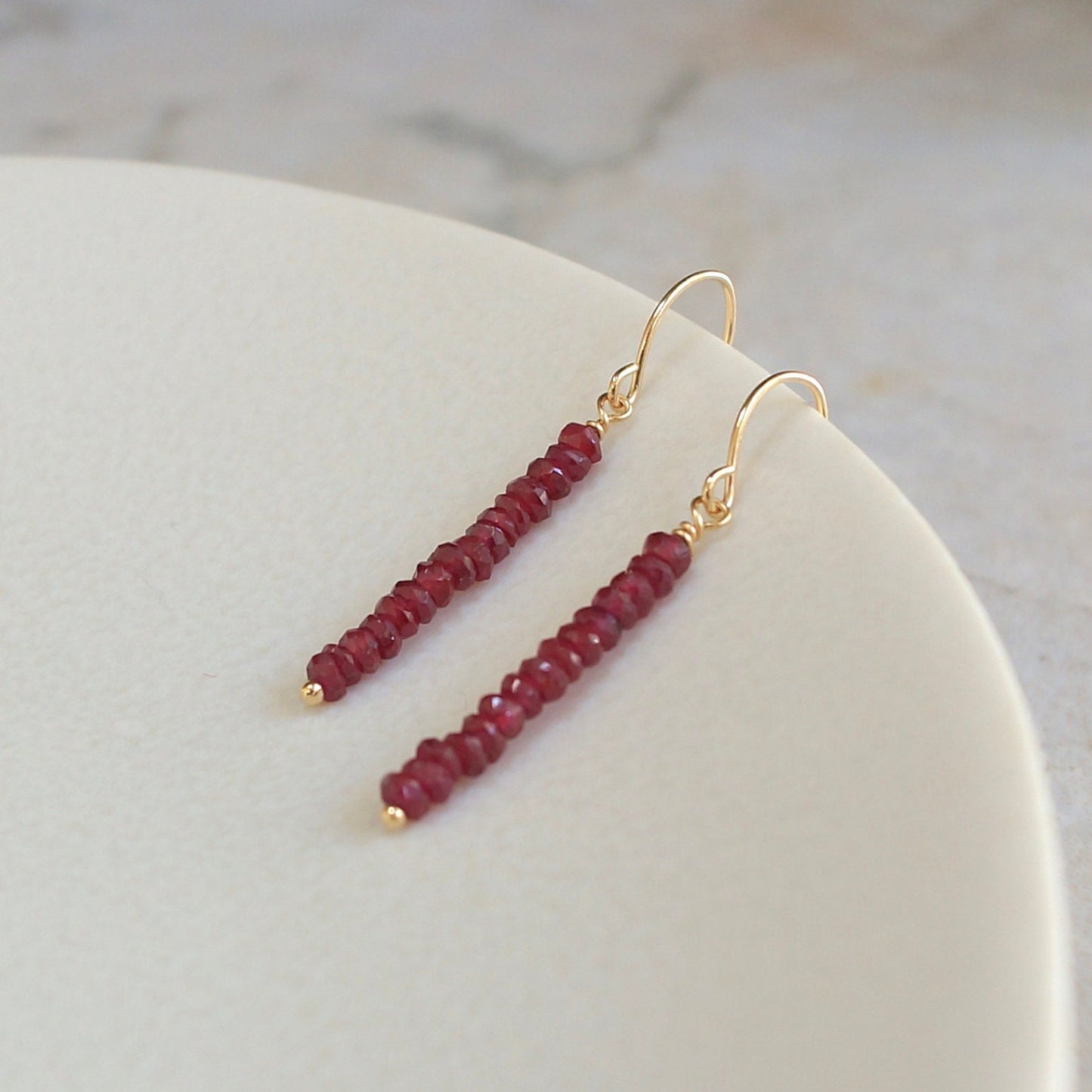 14K Solid Gold: Dainty Ruby Earrings | 2mm | Red Ruby | Dangle | Minimalist | Drop Earrings | Fine Jewelry | July Birthstone