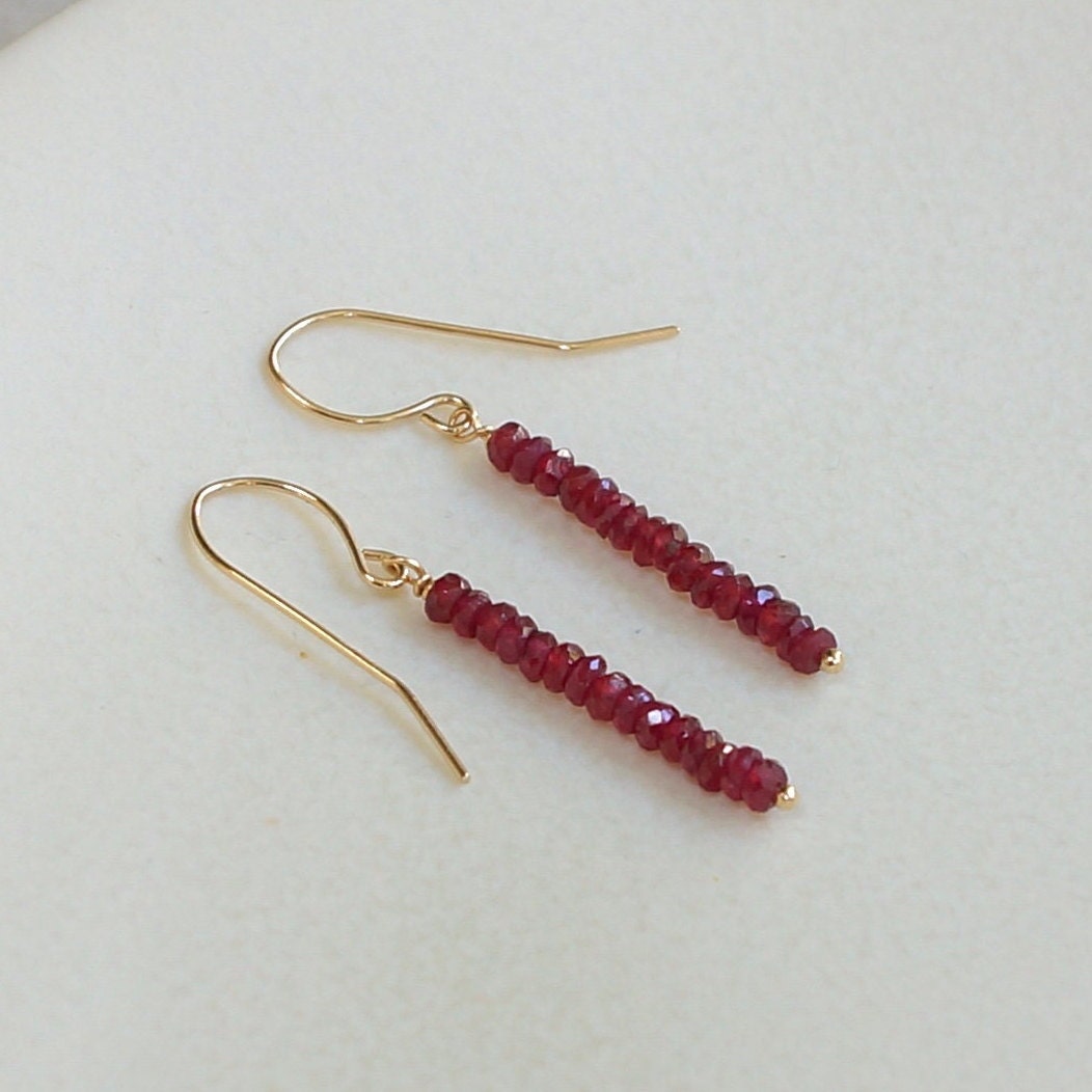 14K Solid Gold: Dainty Ruby Earrings | 2mm | Red Ruby | Dangle | Minimalist | Drop Earrings | Fine Jewelry | July Birthstone