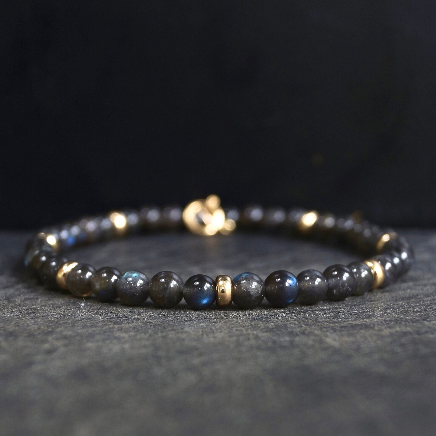 14K: Labradorite Mens Bracelet | 4mm | Charcoal Gray | Fine Jewelry